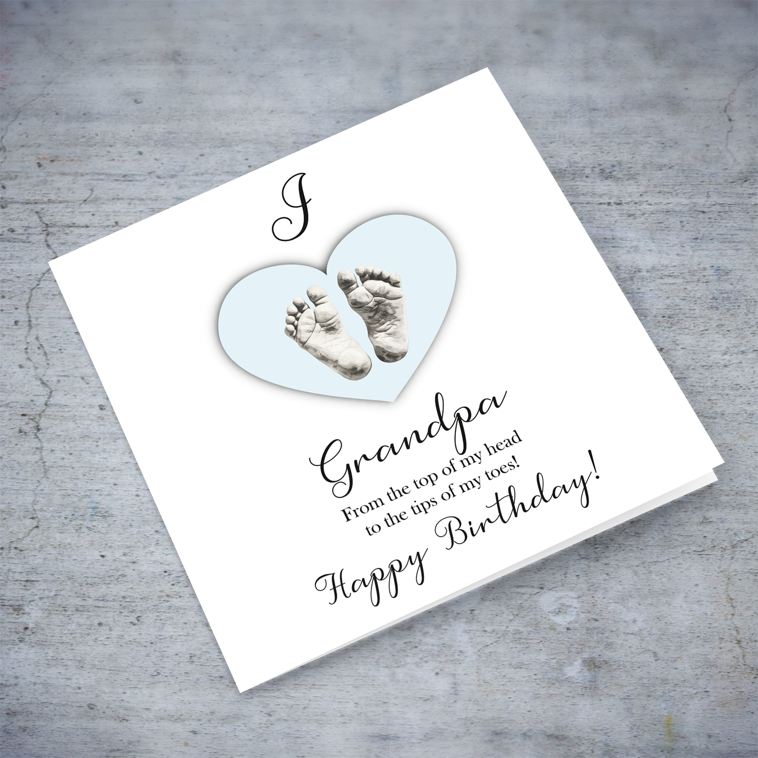 A cute baby footprint birthday card for grandpa, I love grandpa, in a light blue heart in English