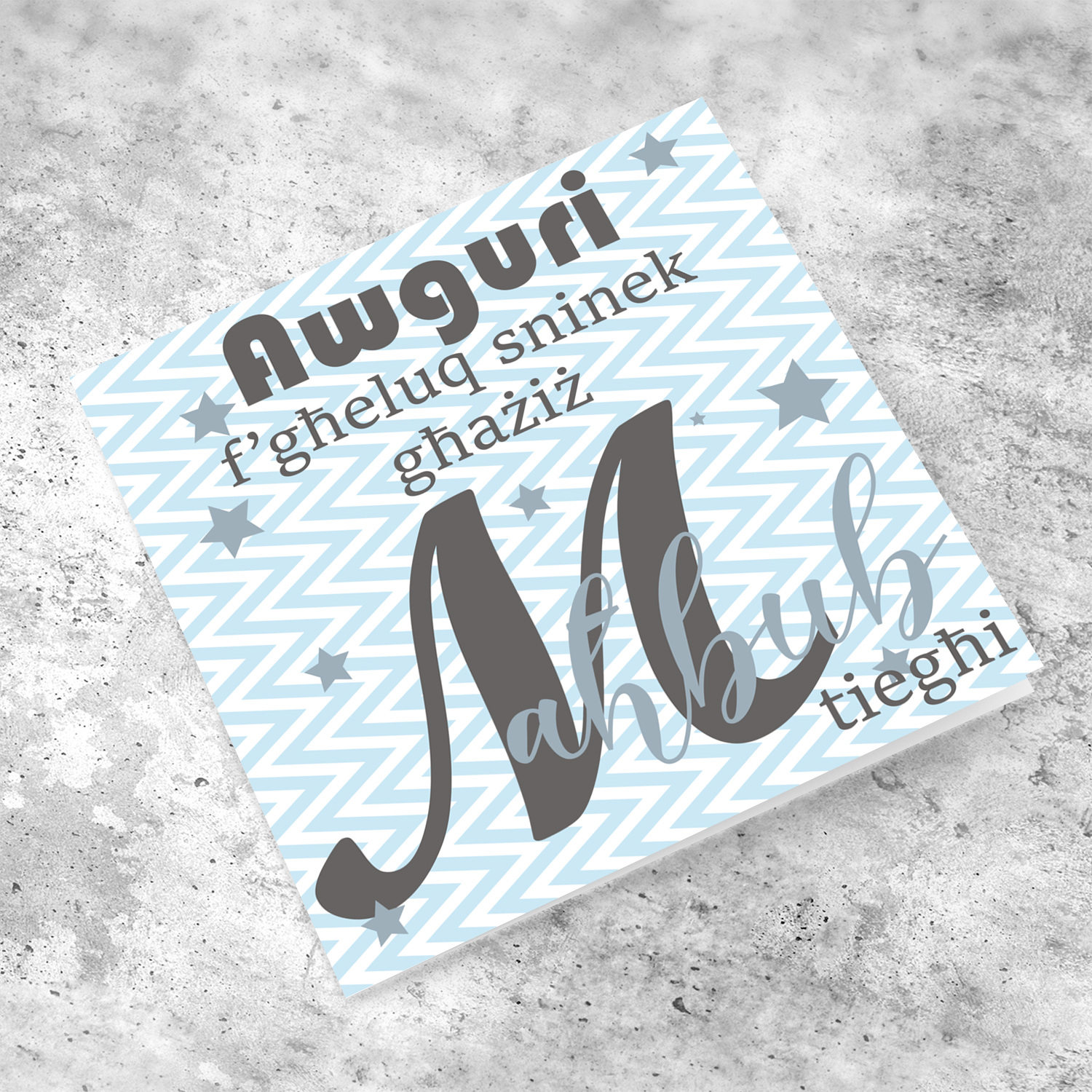 Blue with zigzag background and scattered stars birthday card for my love in Maltese