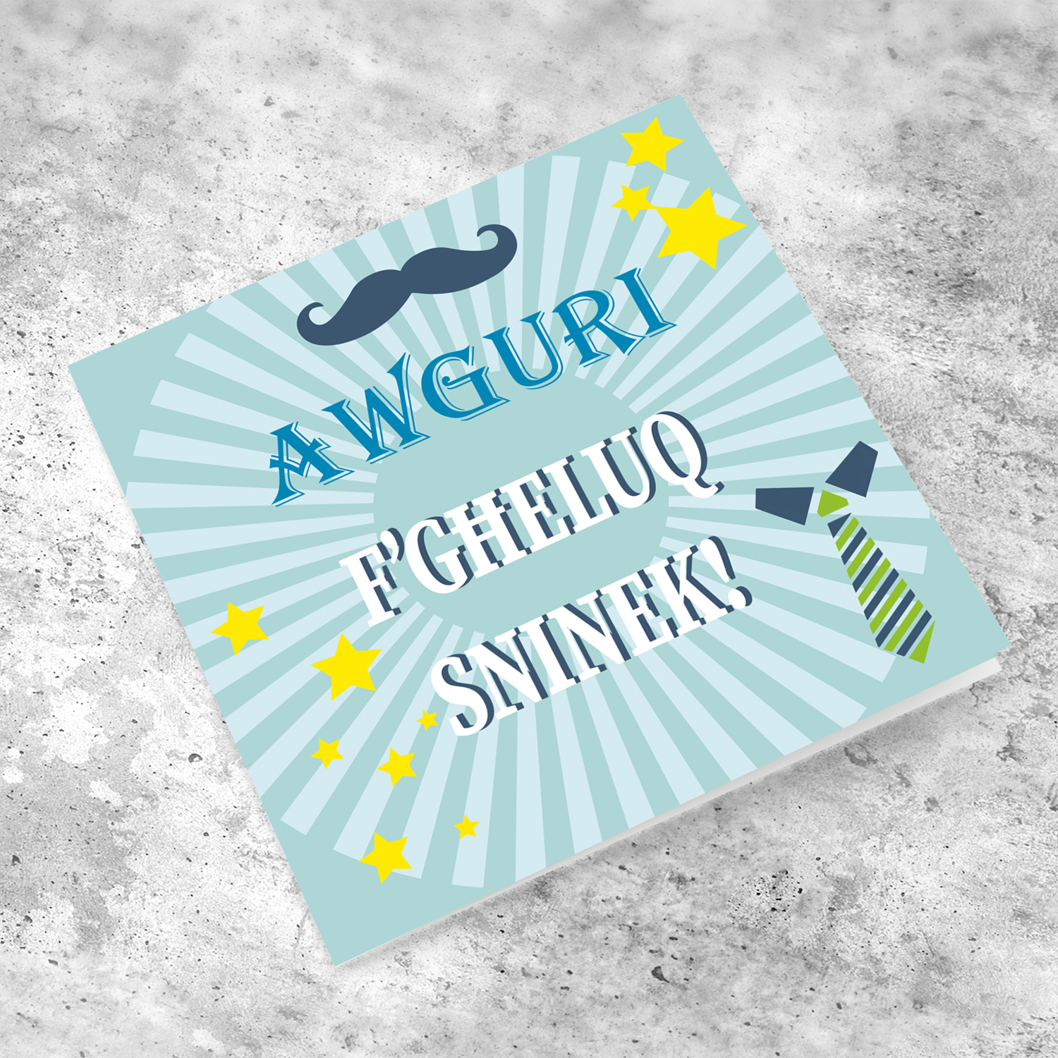Moustache themed birthday card with tie and stars in Maltese