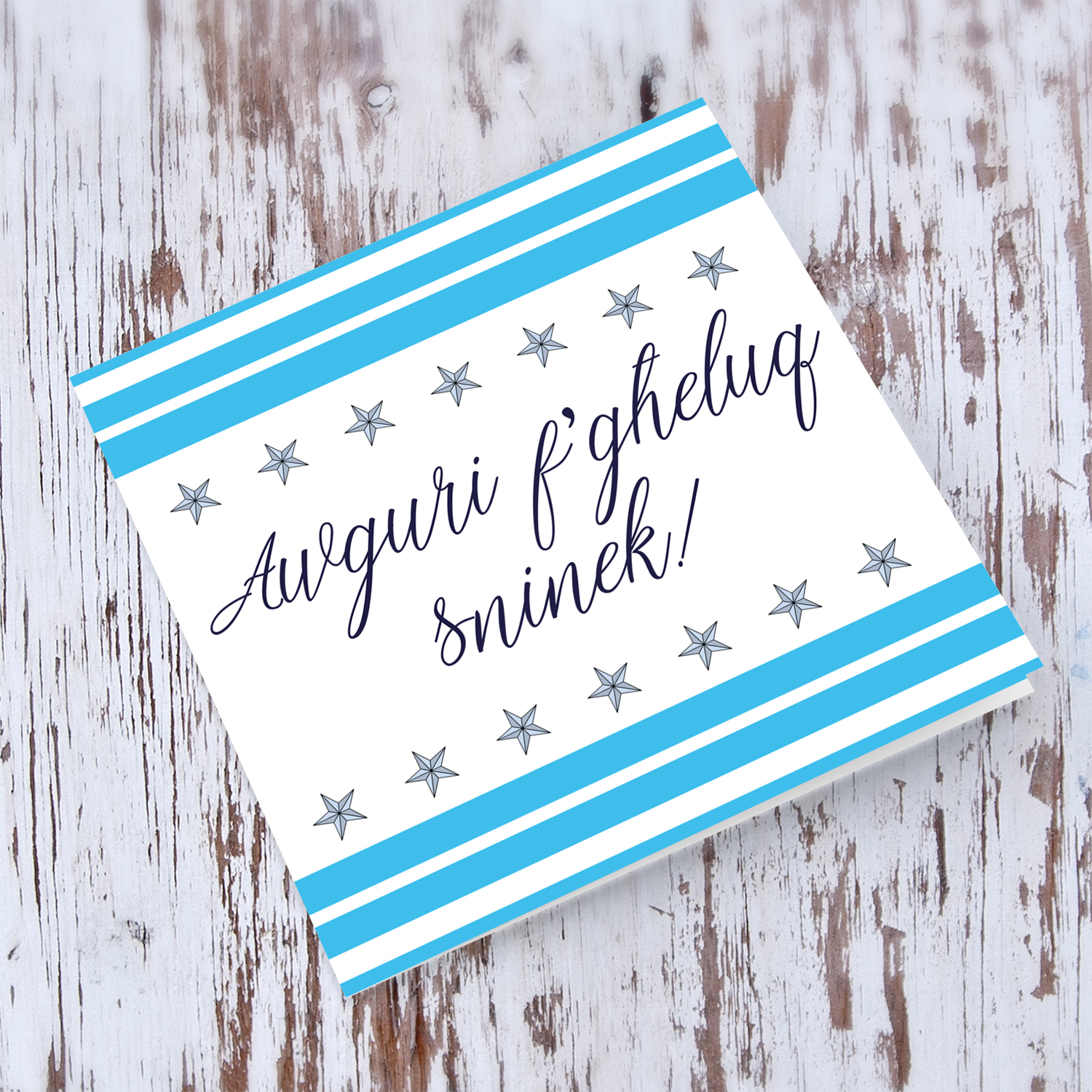 Birthday card with stars and light blue lines in Maltese 