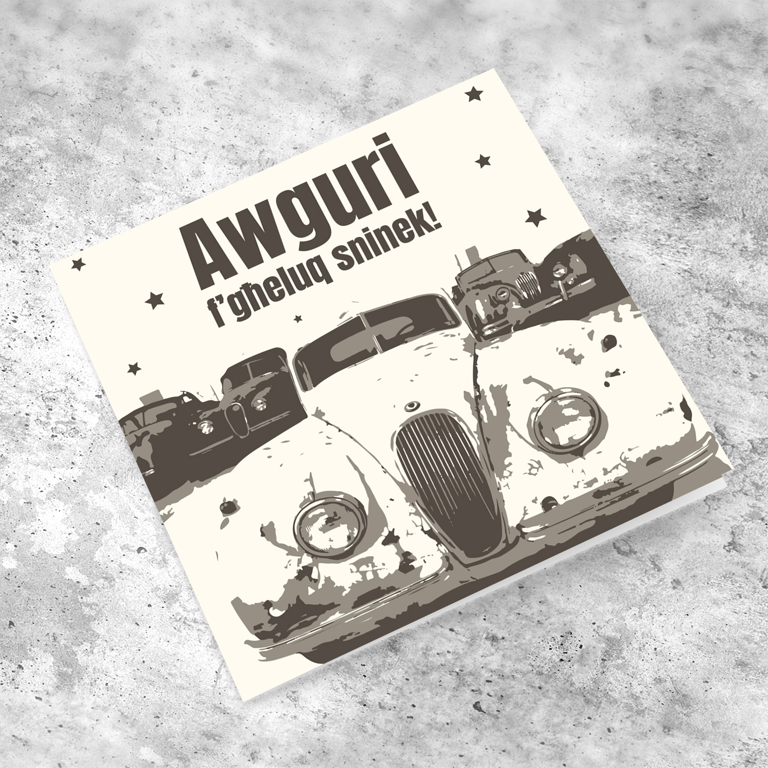 Monochrome old classic / vintage car themed birthday card in Maltese
