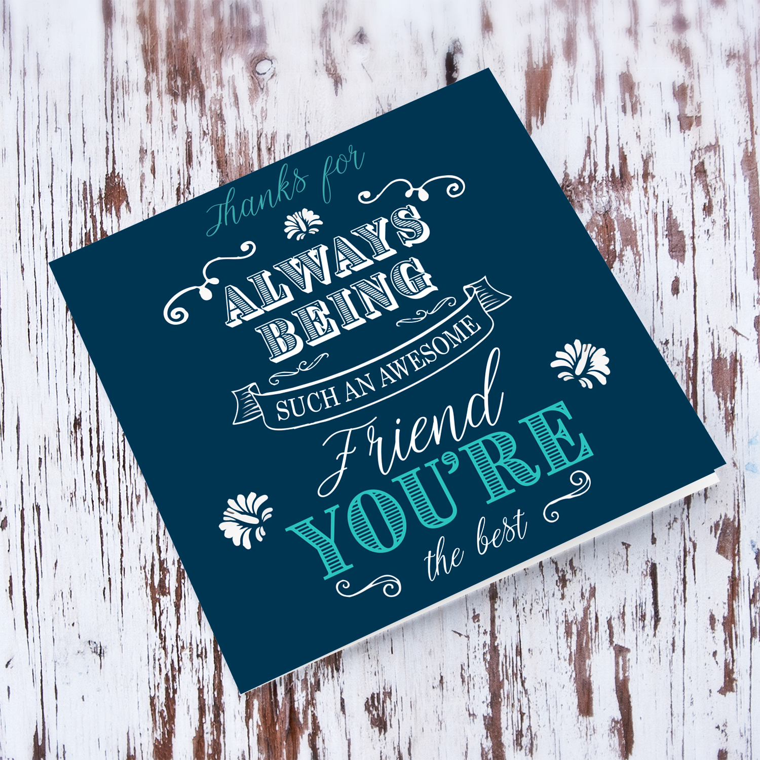 Friend birthday card in dark blue background and white & light blue text in English