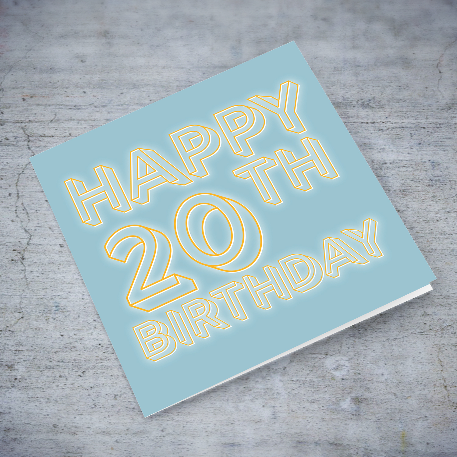 20th Birthday card with blue/grayish background and orange text with a white glow in English