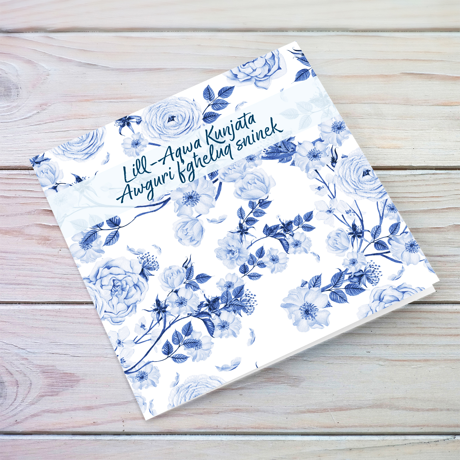 Blue flower themed background birthday card for mother-in-law in Maltese