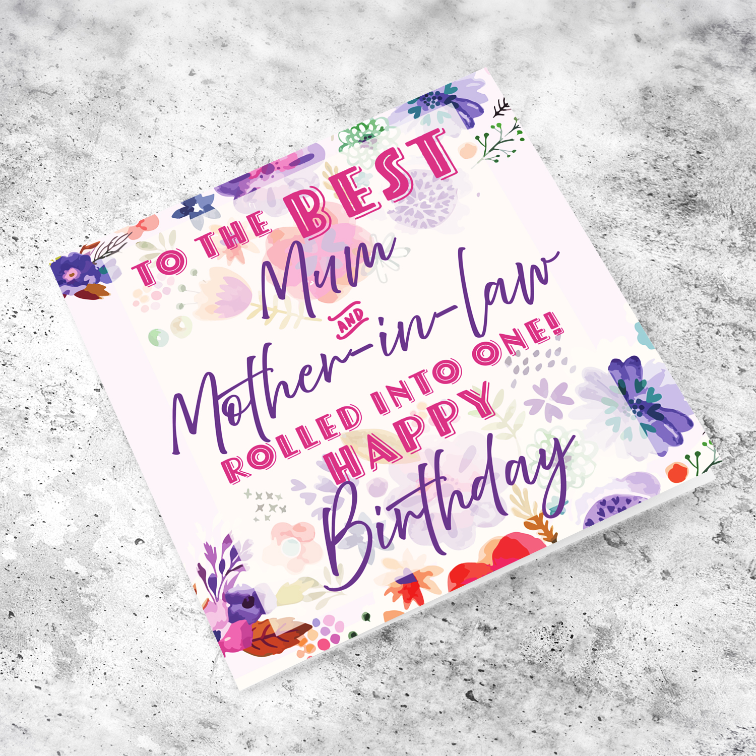 A beautiful birthday card featuring purple flowers, pink and purple text for Mum & Mother in law in English