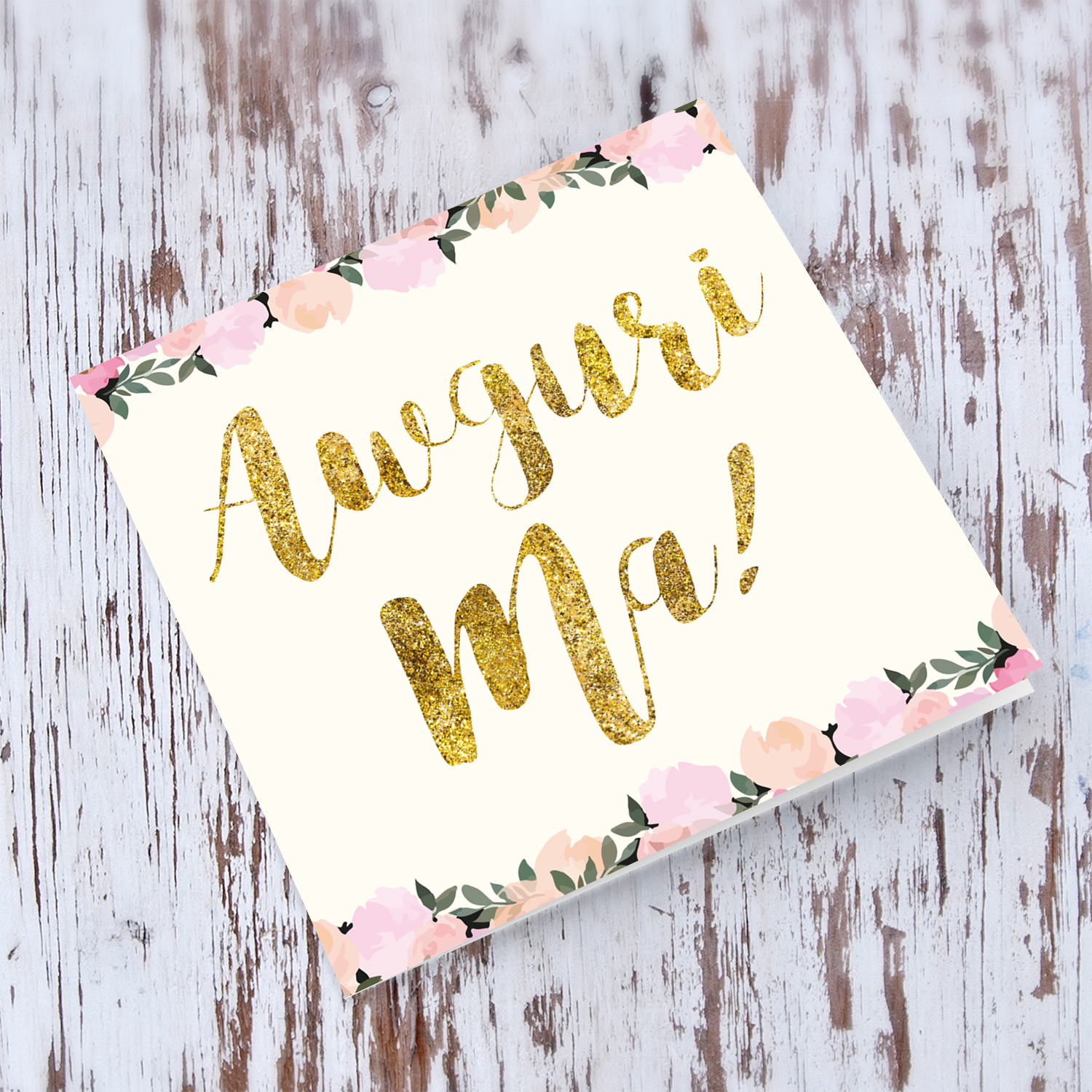 Golden glitter birthday card for mother with flowers in Maltese