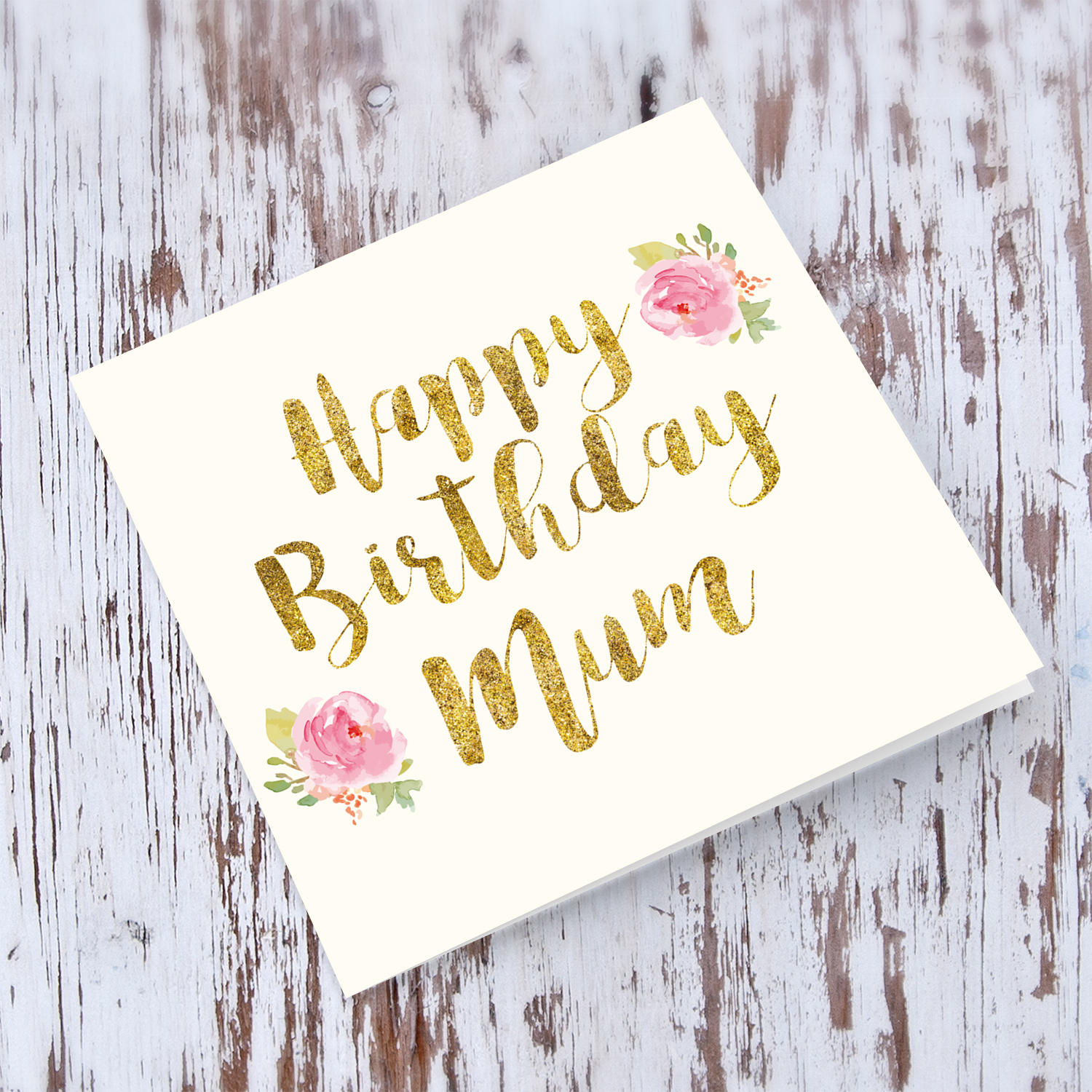 Golden glitter birthday card for Mother with flowers in English