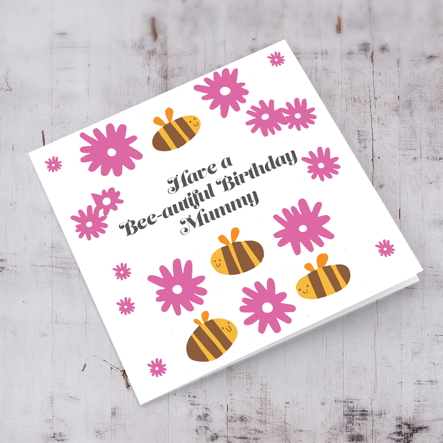 Cute bee themed birthay card for Mum with pink flowers in English