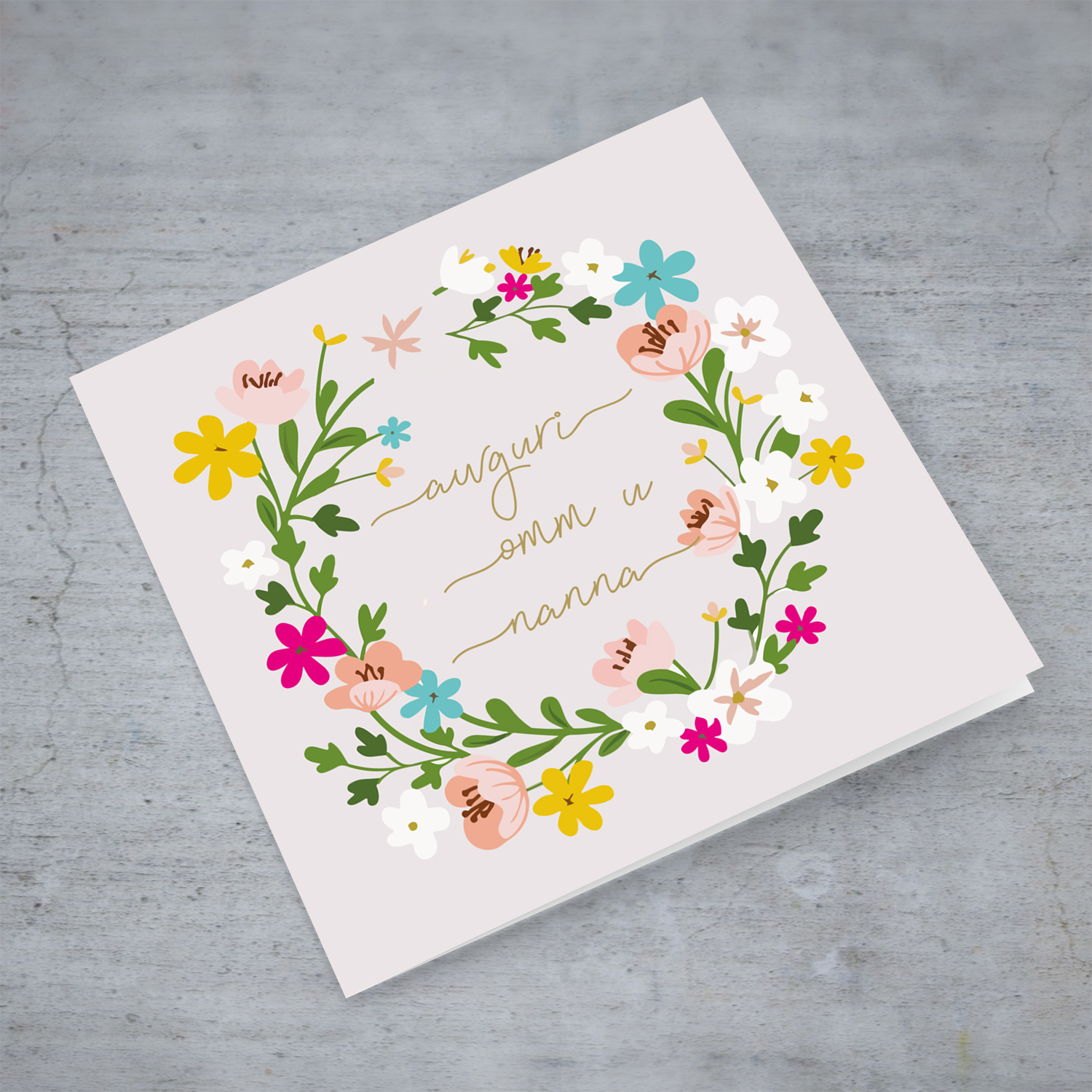 Colourful floral themed birthday card with light pink background for mother and grandma in Maltese