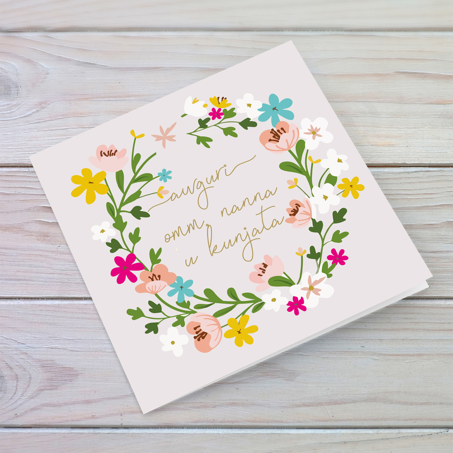Colourful floral themed birthday card with light pink background for mother, grandma and mother-in-law in Maltese