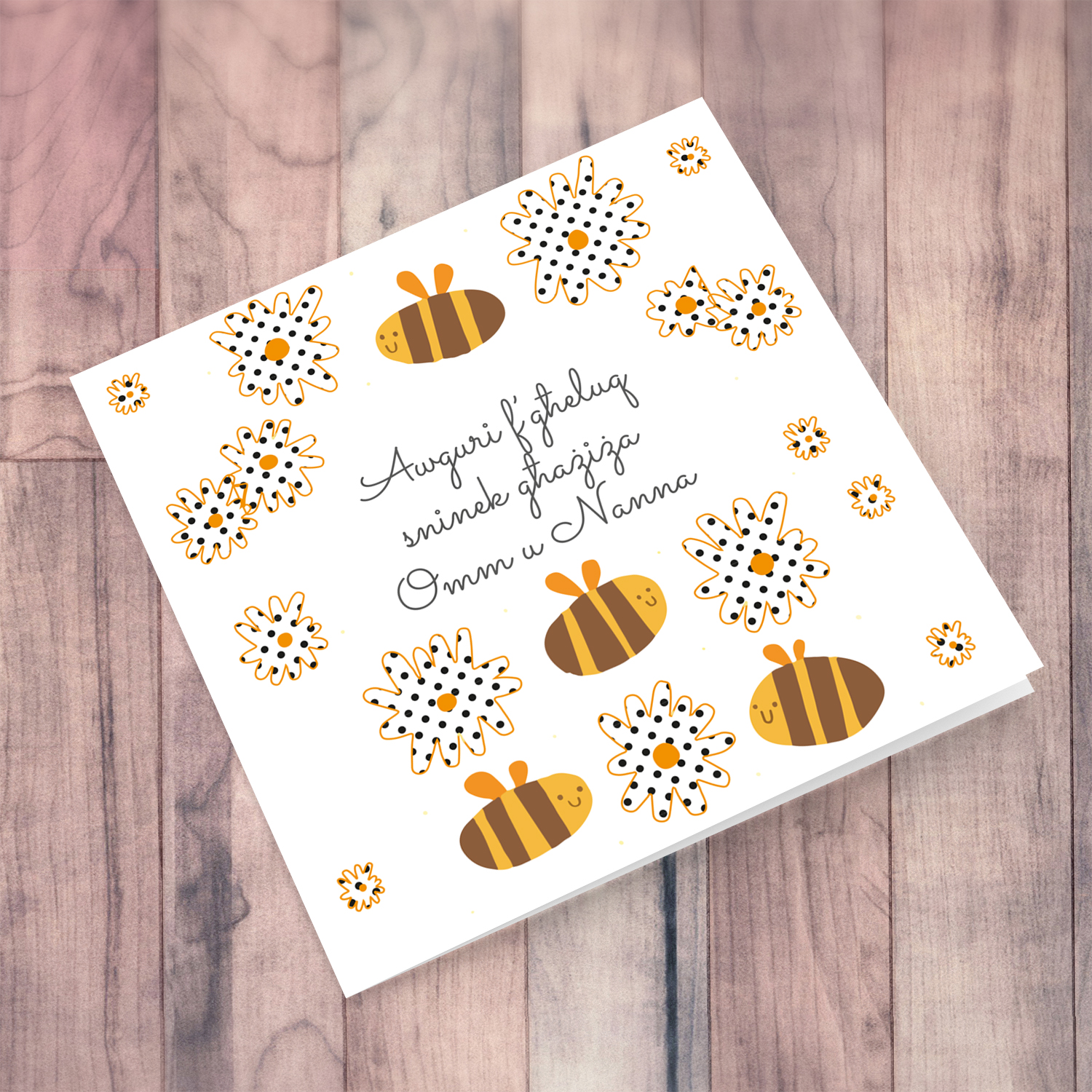 Cute bee themed birthday card for Mother & Grandma with spotted flowers in Maltese
