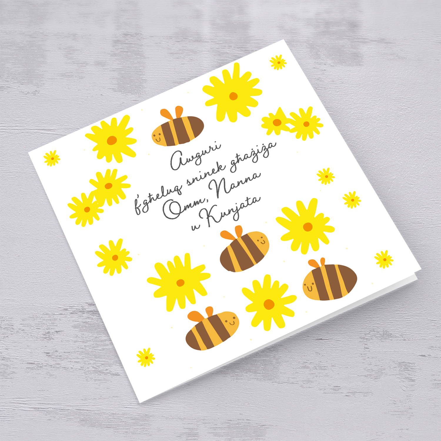 Cute bee themed birthay card for mother, Grandma and mother-in-law with yellow flowers in Maltese