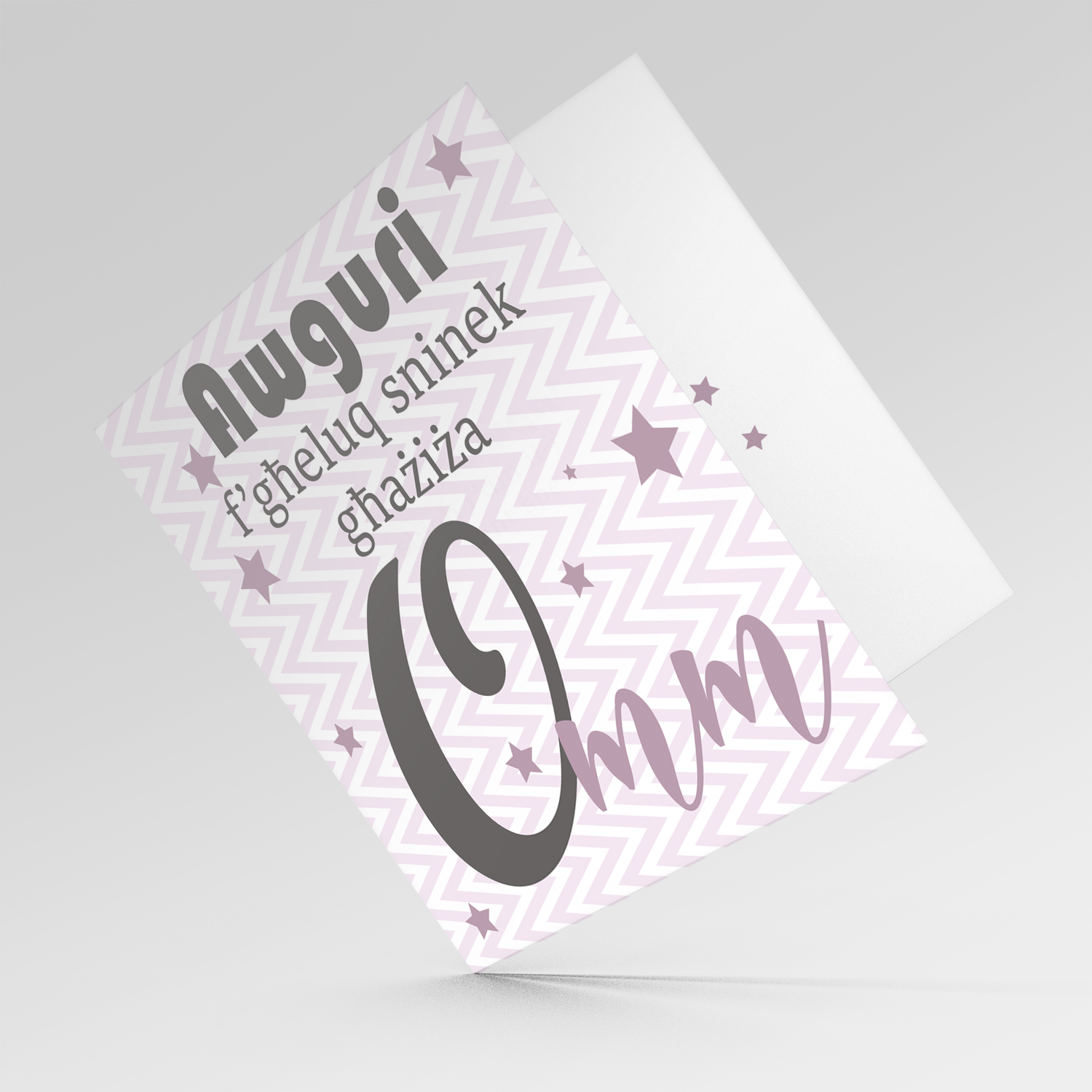 Pink with zigzag background and scattered stars birthday card for Mother in Maltese