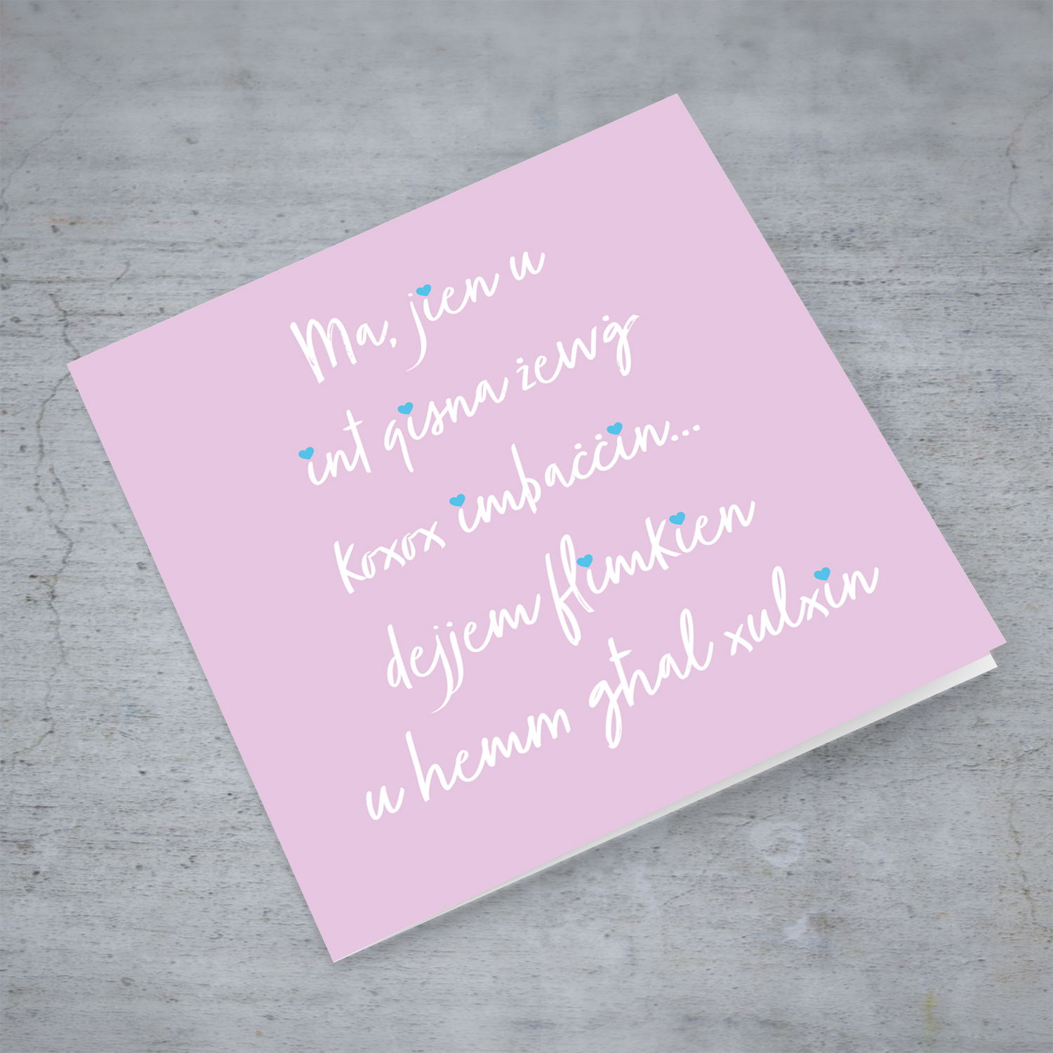 Funny Birthday card for mother with pink background and light blue hearts in Maltese