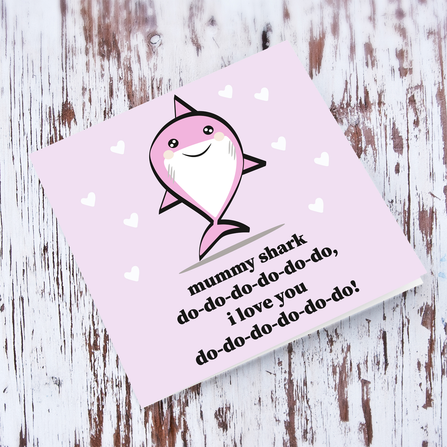 Mummy shark themed birthday card in English