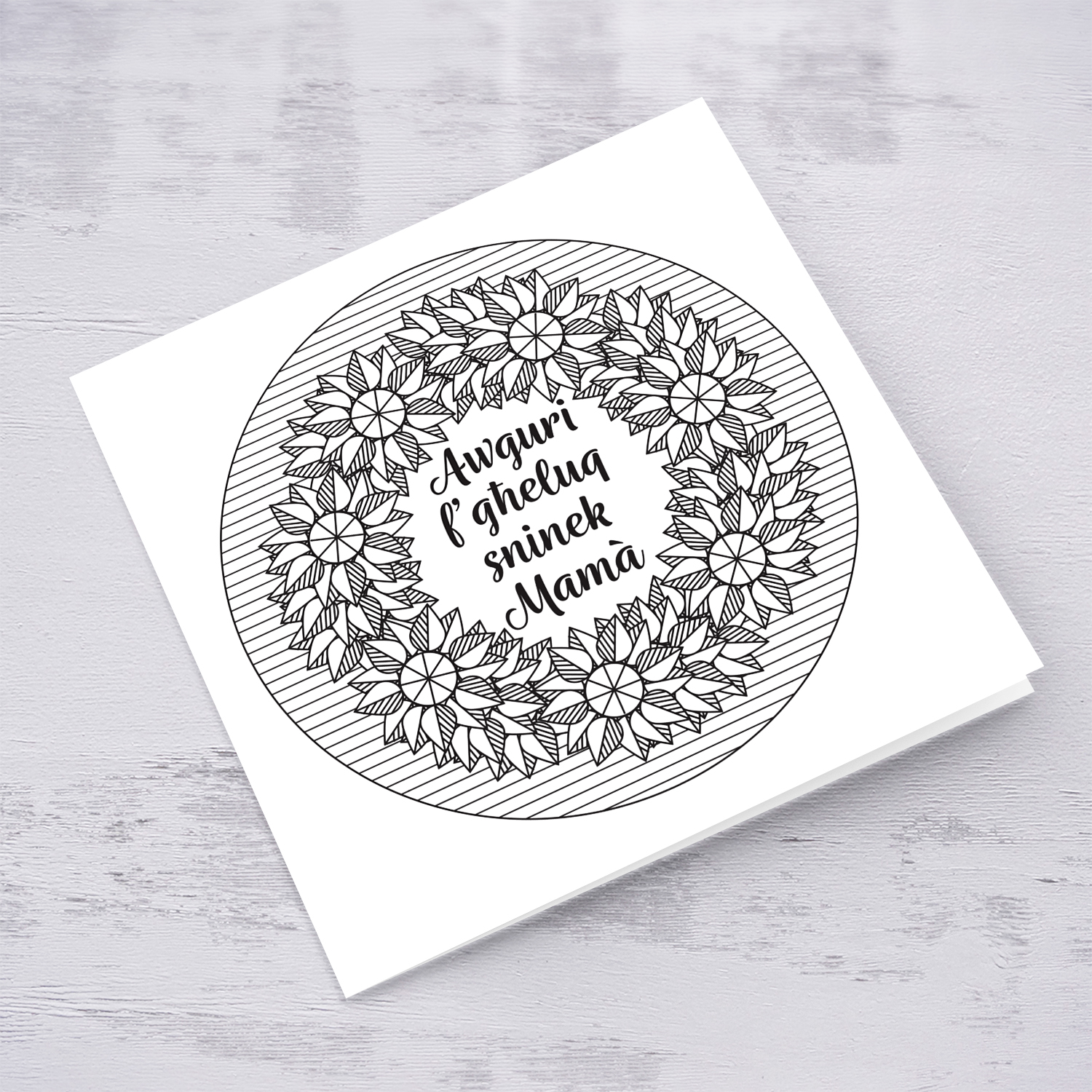 Colouring card for Mother with geometric flowers and striped circle background in Maltese