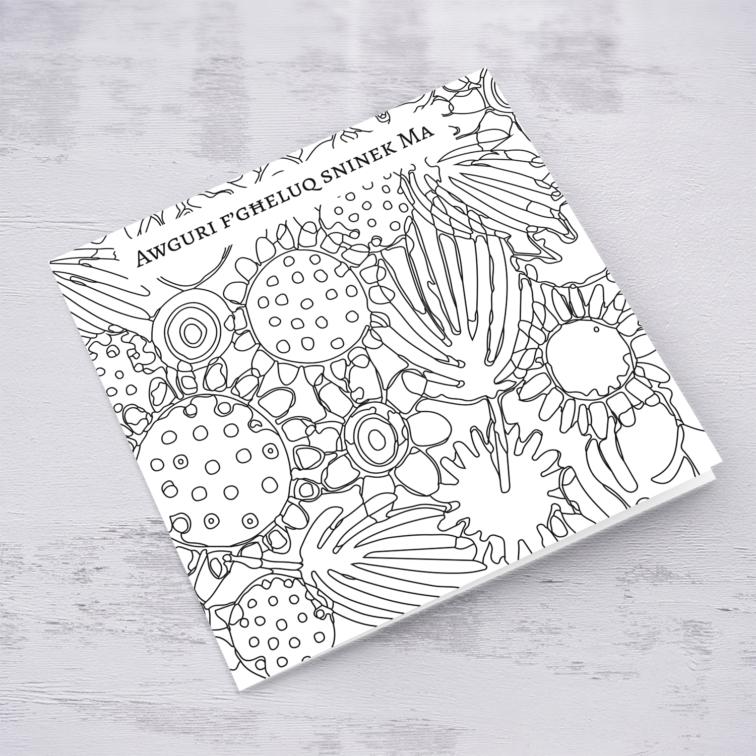 Colouring birthday card full of flowers and leaves for Mum in Maltese