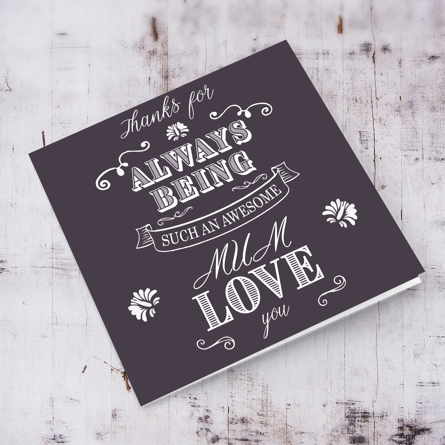 Mum birthday card in dark purple background and white text in English