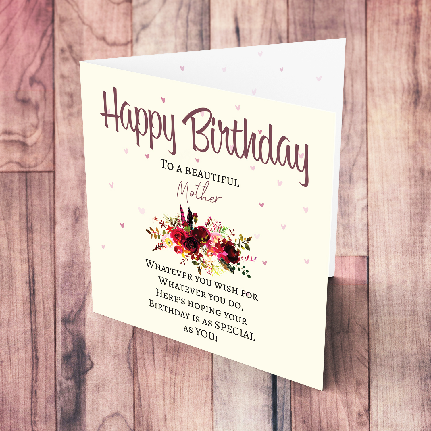 A birthday card with a special message with red tones colours and scattered hearts for a beautiful mother in English