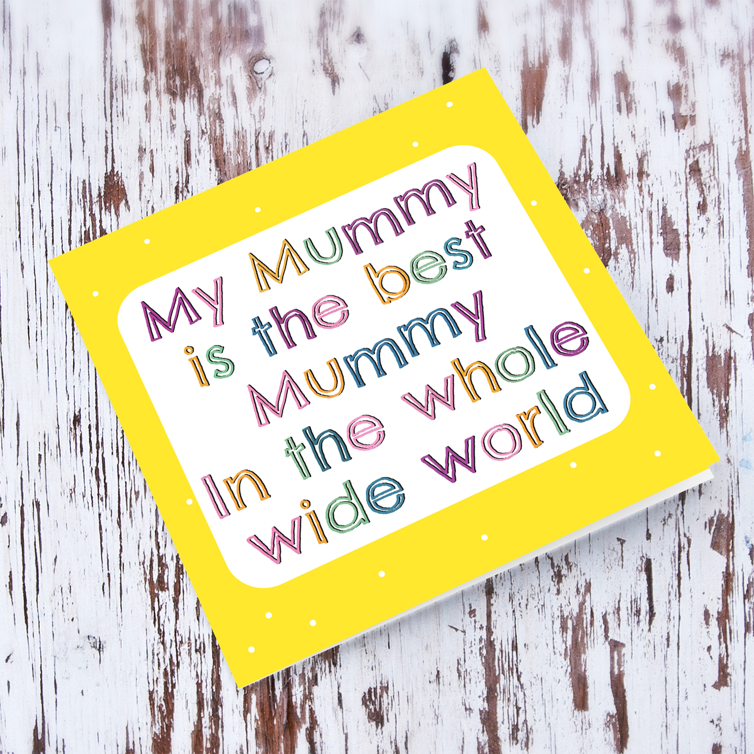 Colourful and fun yellow spotty background birthday card for Mummy in English