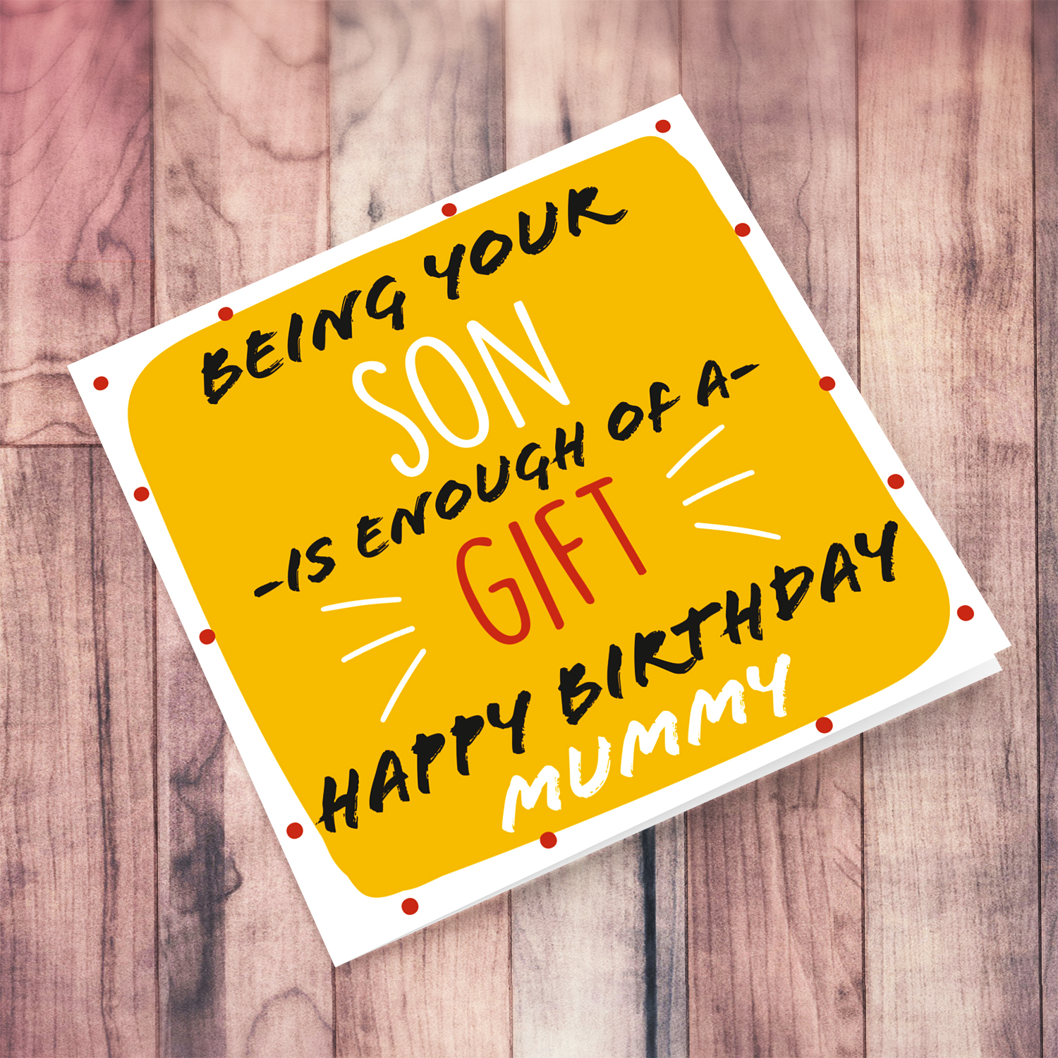 Funny birthday card for mum from son in yellow/orange background in English