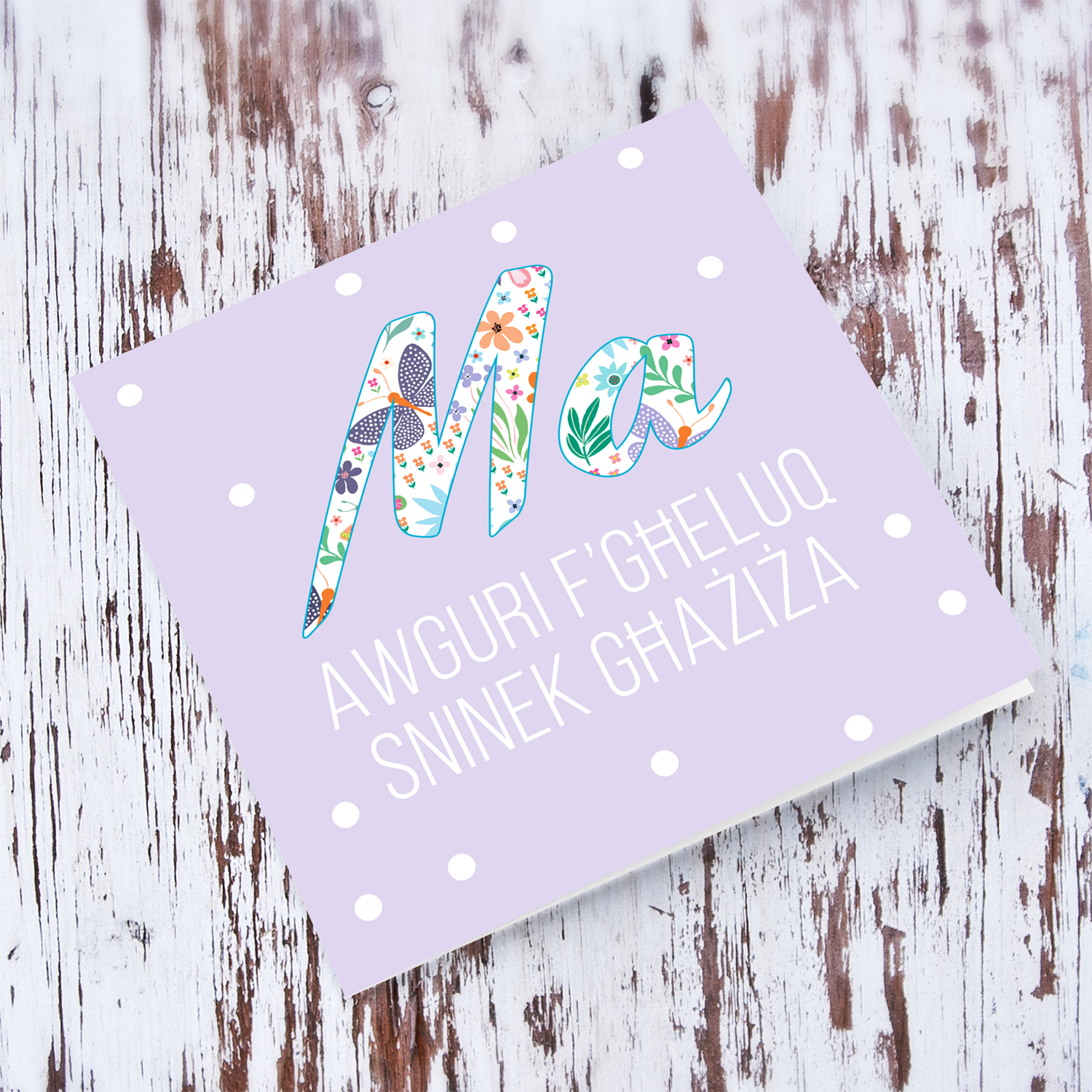 Flowery text birthday card for mum in light purple background in Maltese