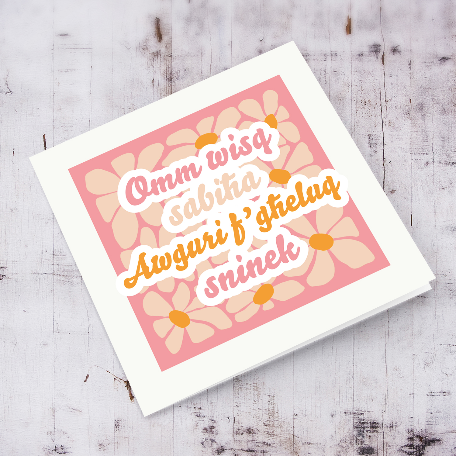 Flower themed birthday card in pink hues with cream border for Mother in Maltese