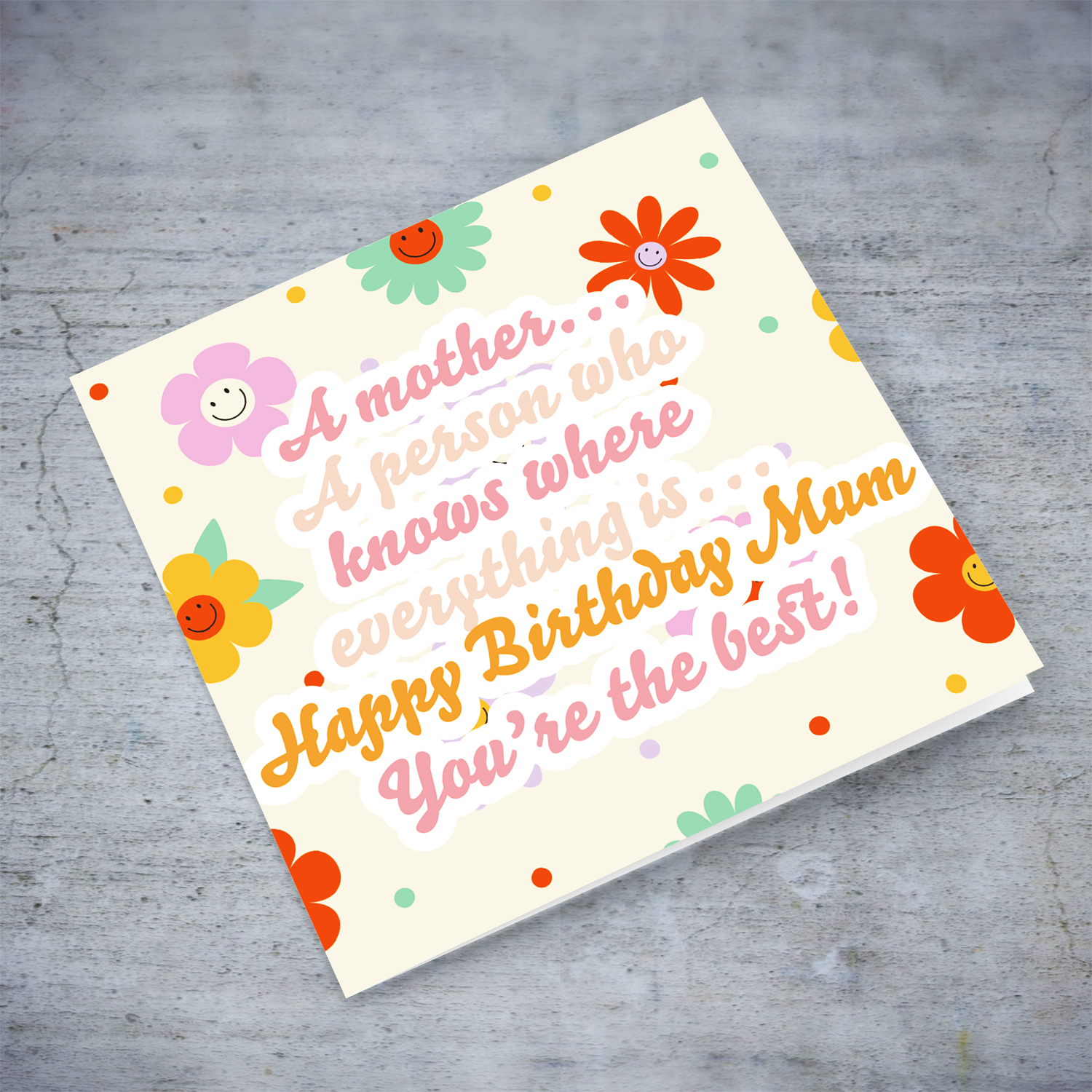 A funny colourful birthday card for mum - A mother... a person who knows where everything is... in English