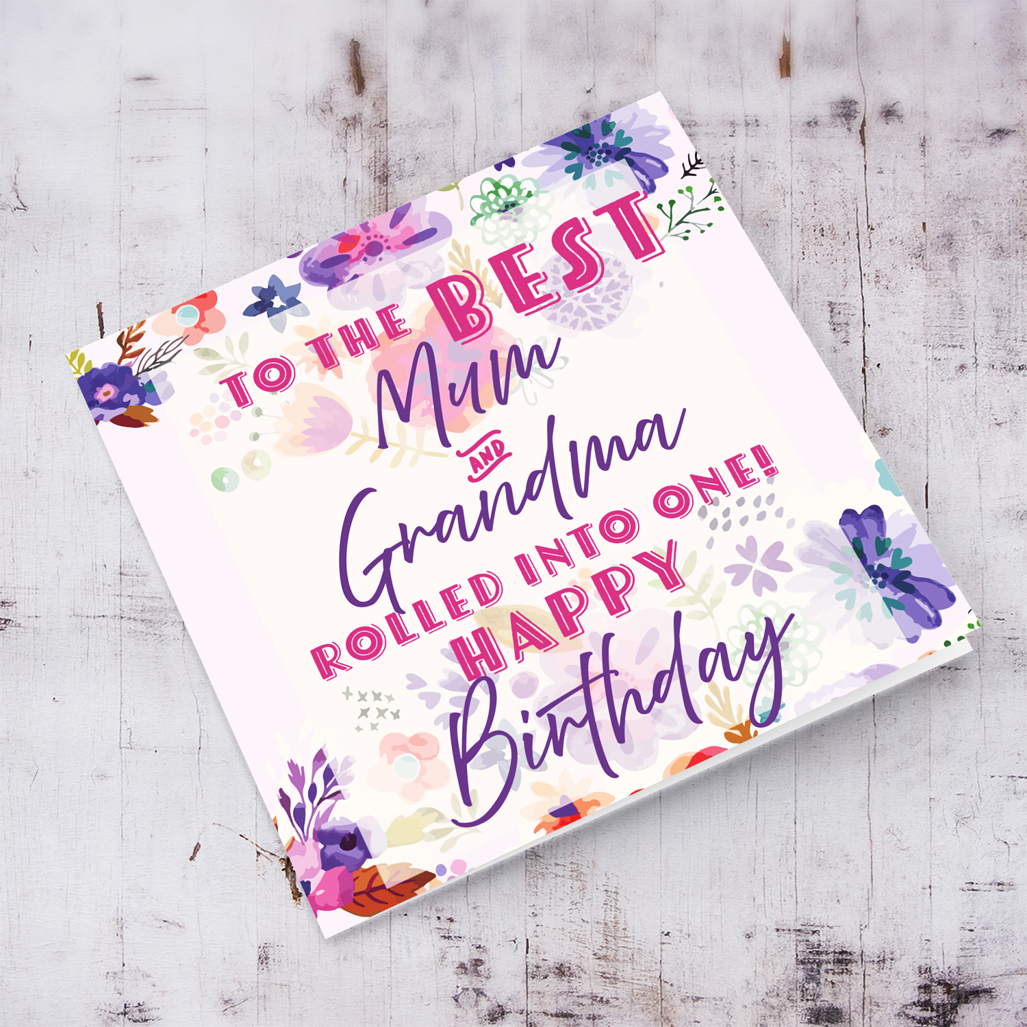 A beautiful birthday card featuring purple flowers, pink and purple text in English  (For mum & Grandma)