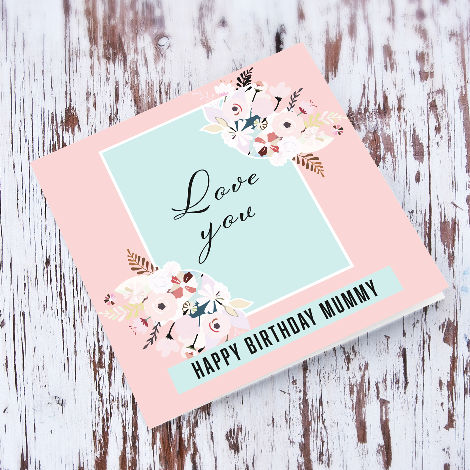 A beautiful birthday card for mother in pink and light turquoise background featuring light pastel coloured flowers in English