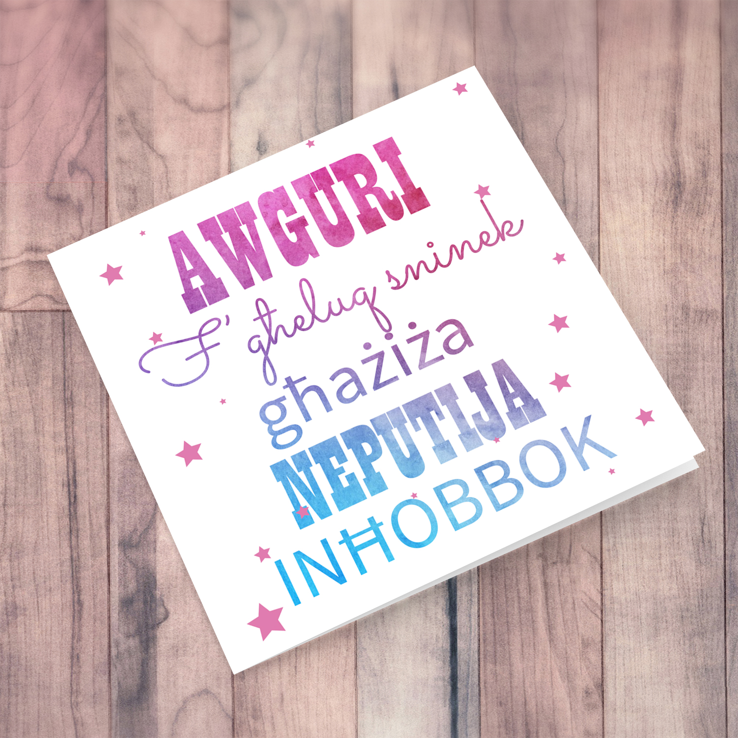 Birthday card with pink stars for nephew in Maltese 