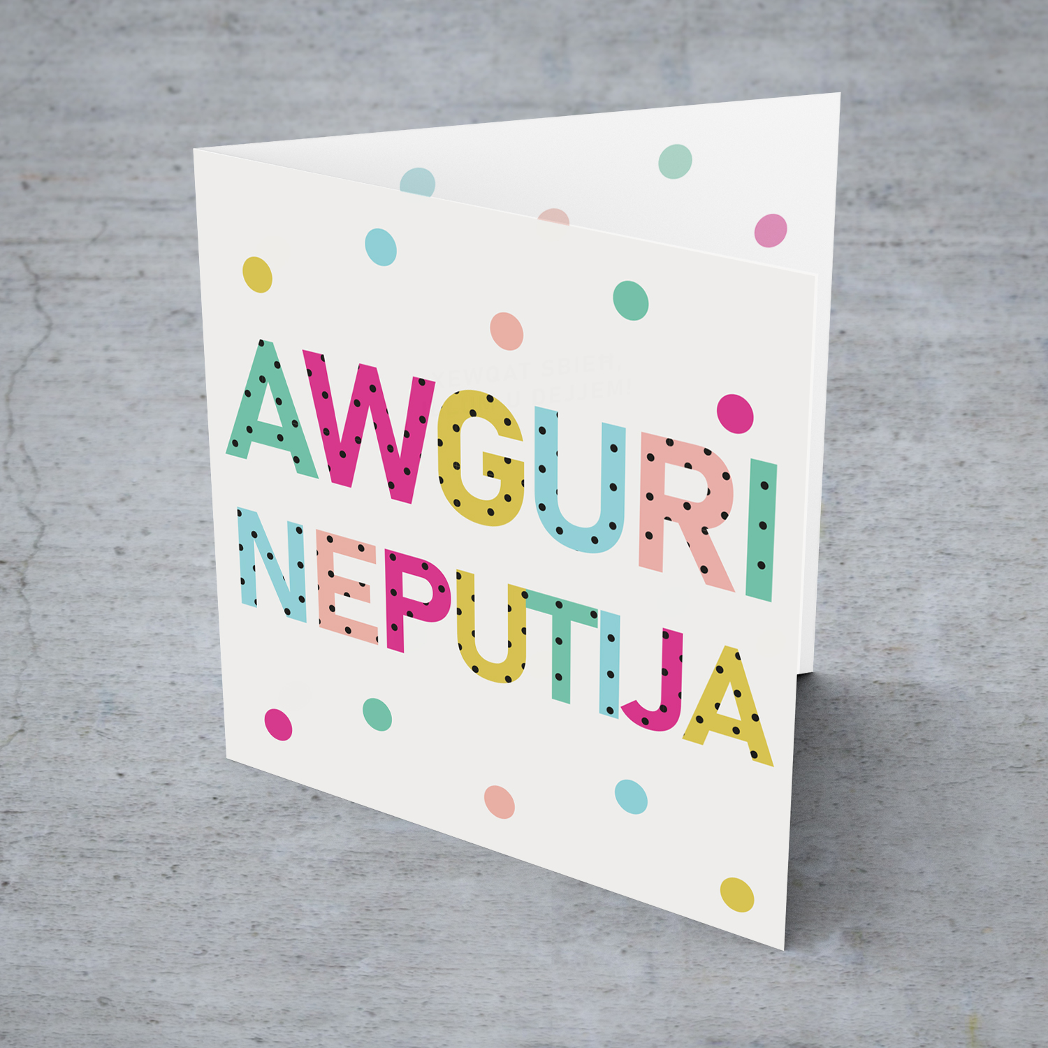 Colourful text with polka dots - Awguri neputija - birthday card for niece in Maltese