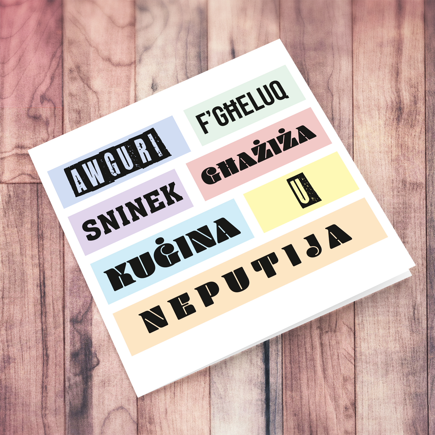 Colourful, modern pastel coloured birthday card for cousin & niece in Maltese