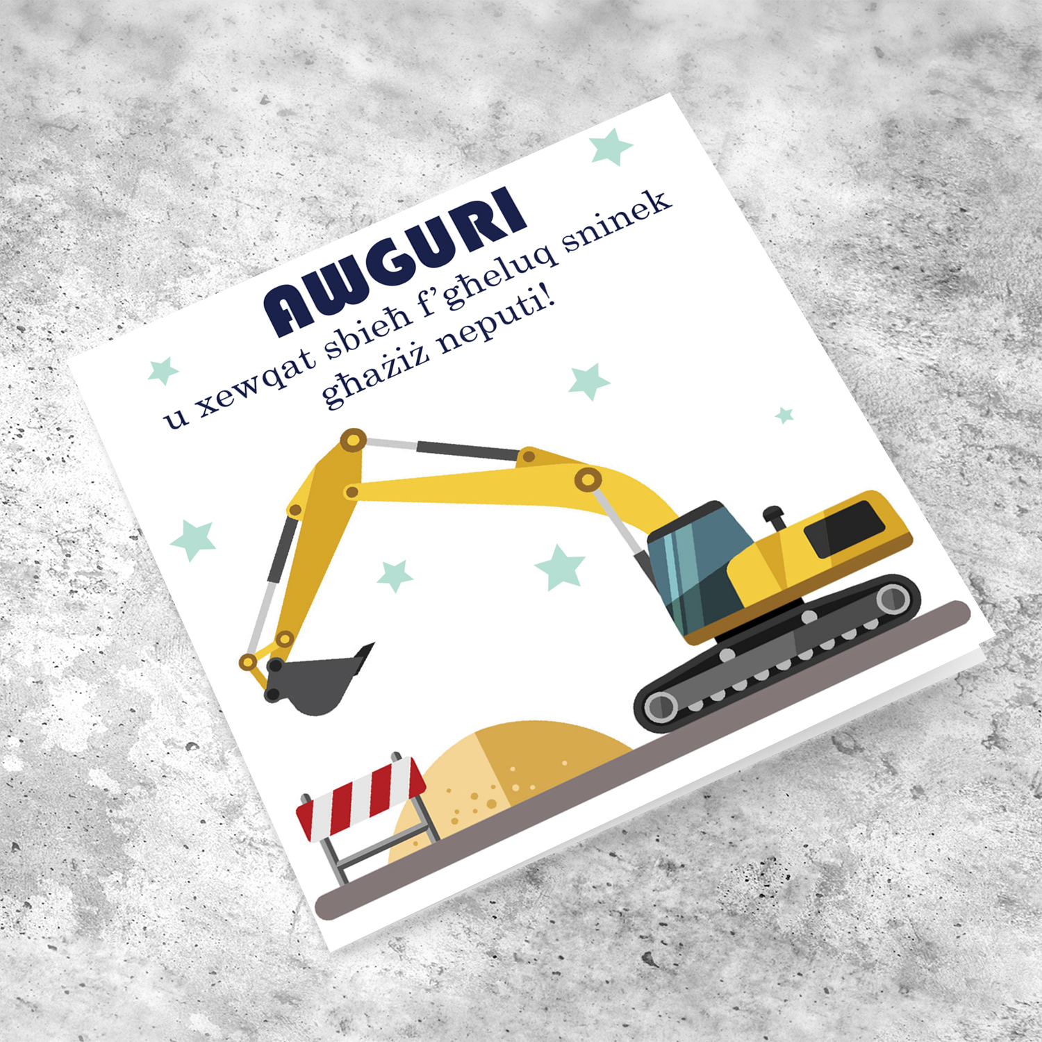 Excavator themed birthday card for nephew in Maltese