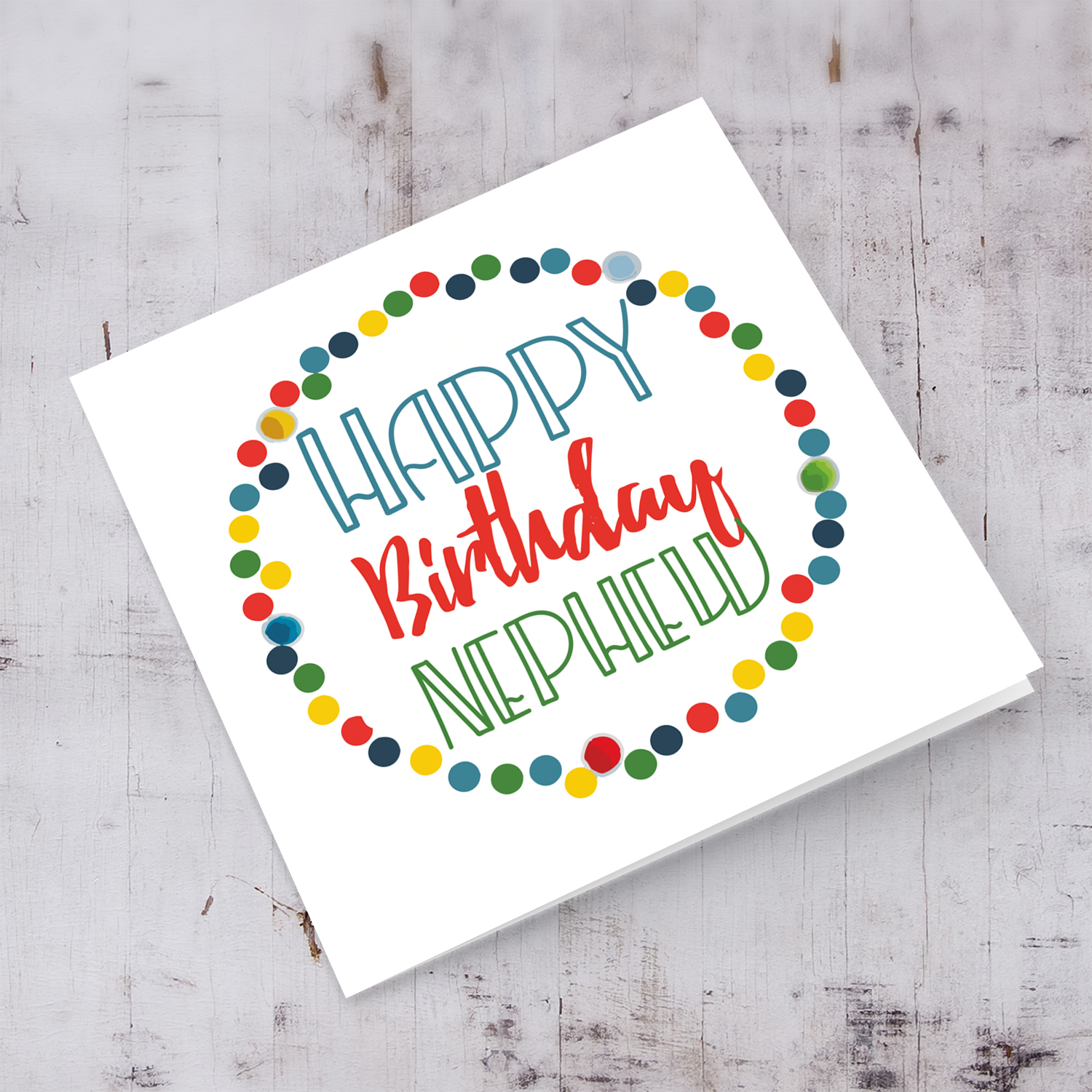 Colourful circles and text birthday card for nephew in English