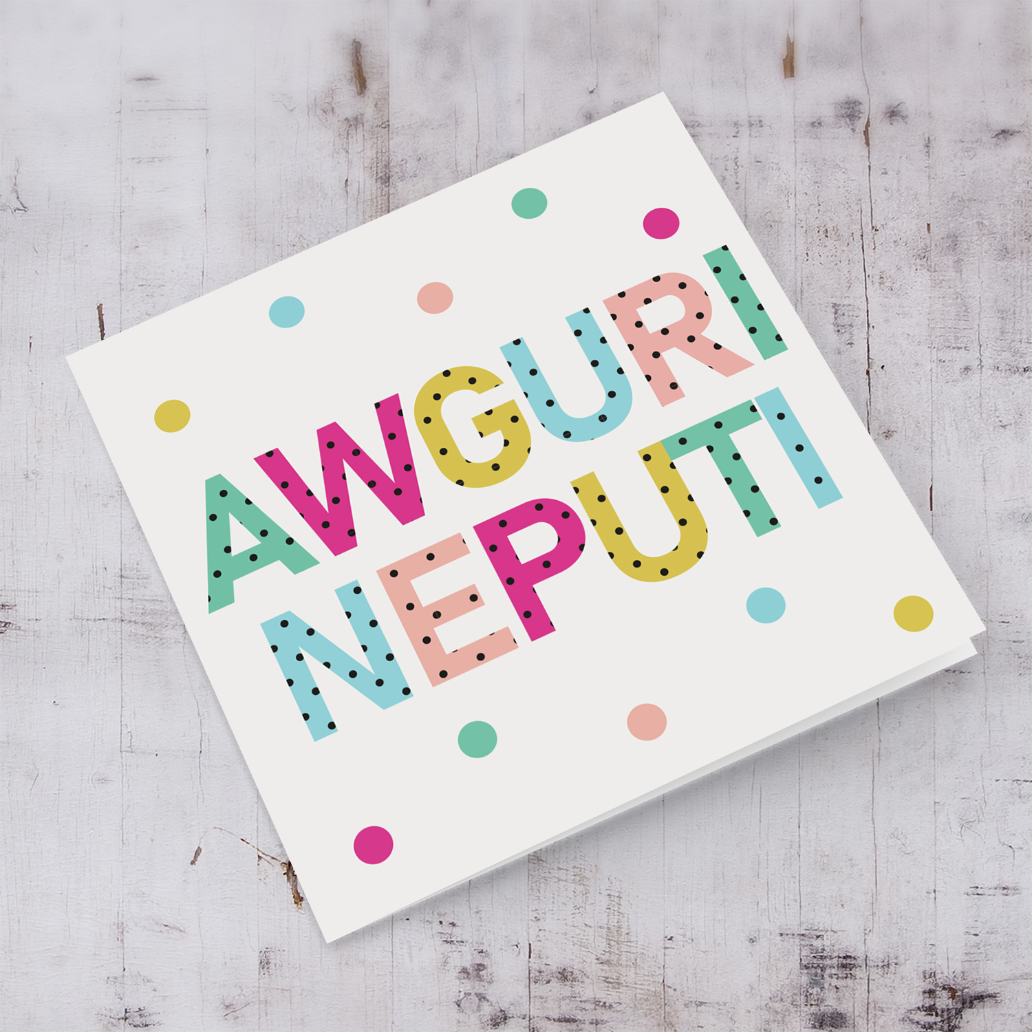 Colourful text with polka dots - Awguri neputi - birthday card for nephew / grandson in Maltese