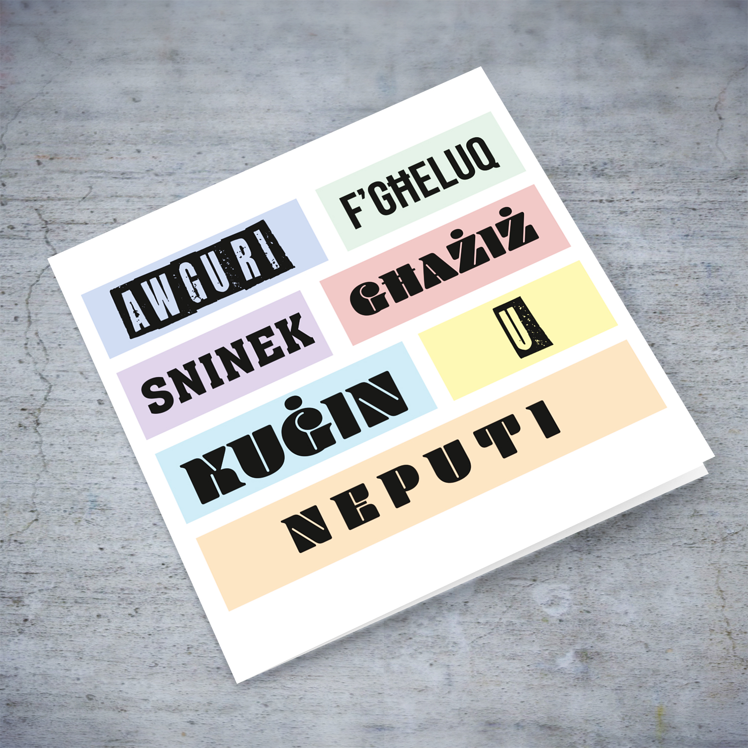 Colourful, modern pastel coloured birthday card for cousin & nephew in Maltese