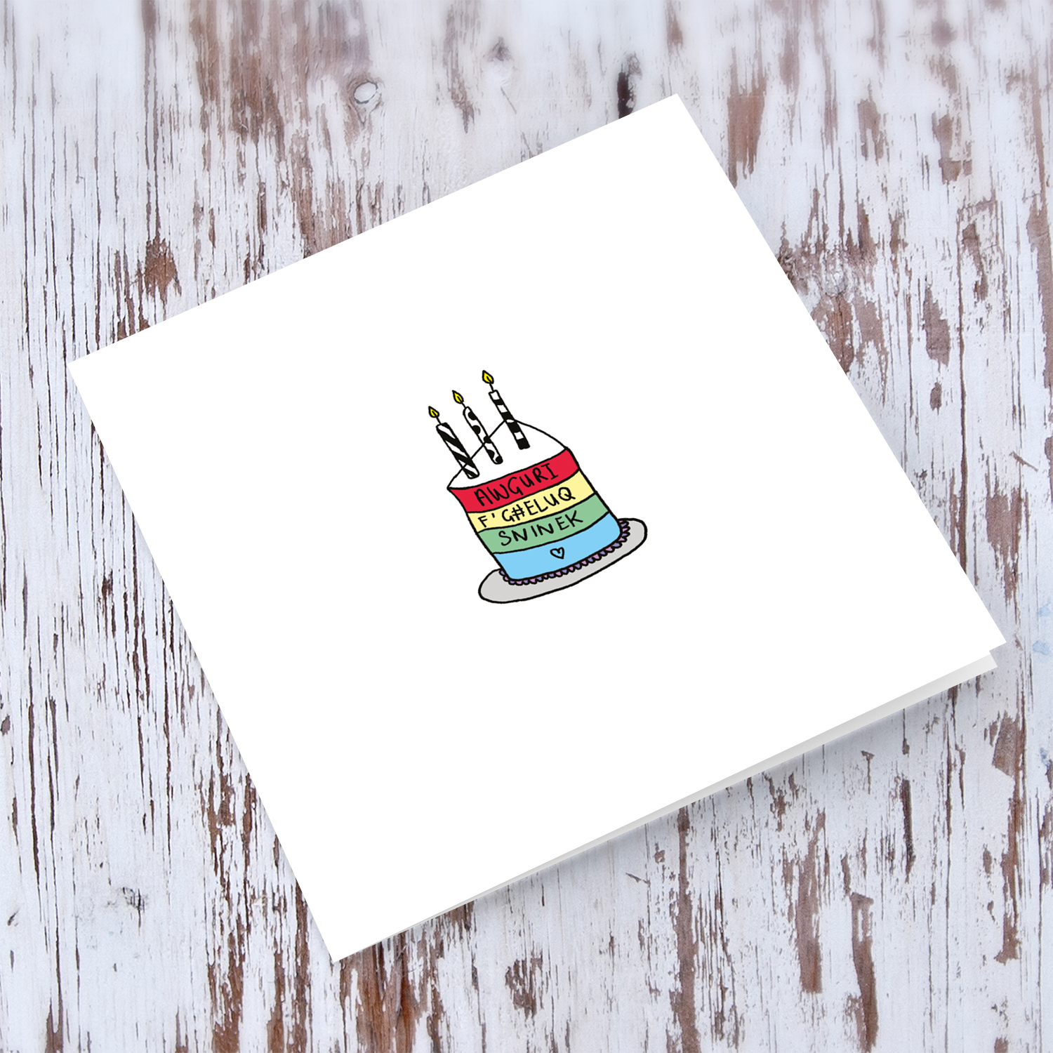 Minimalist birthday card with colourful cake in Maltese