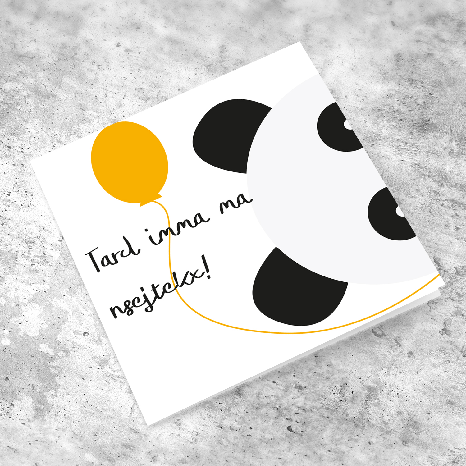 Belated birthday panda themed birthday card holding yellow balloon