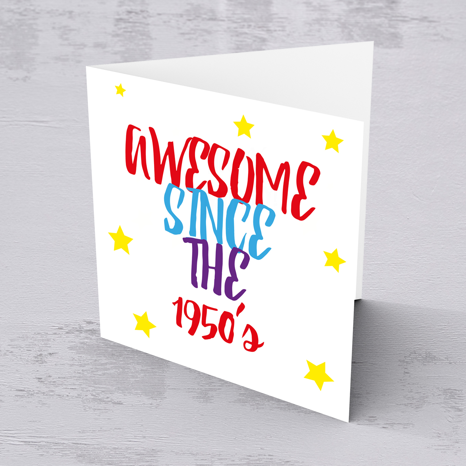 Colourful open birthday card AWESOME since the 1950's in English