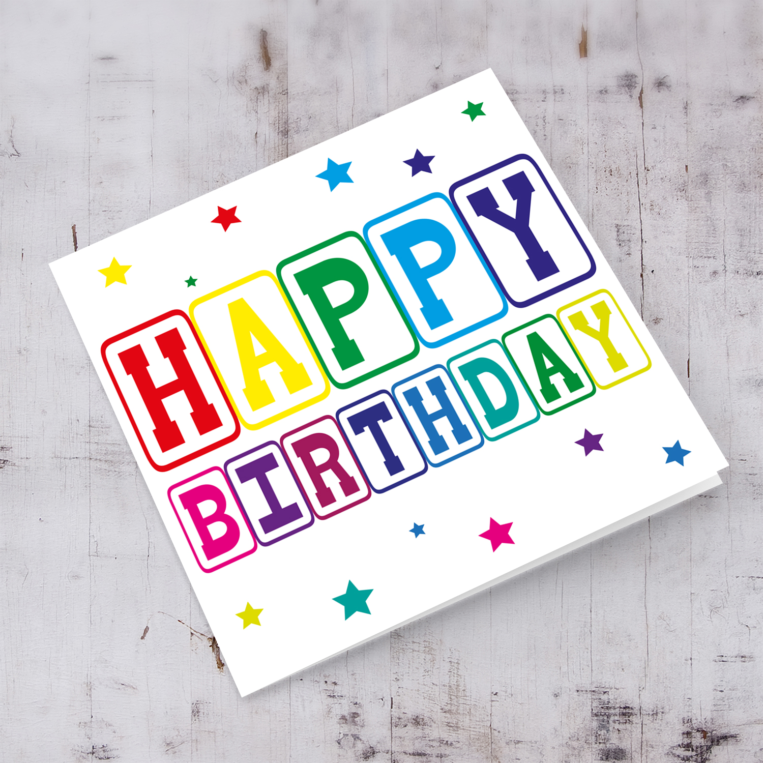 Colourful text birthday card with stars in English