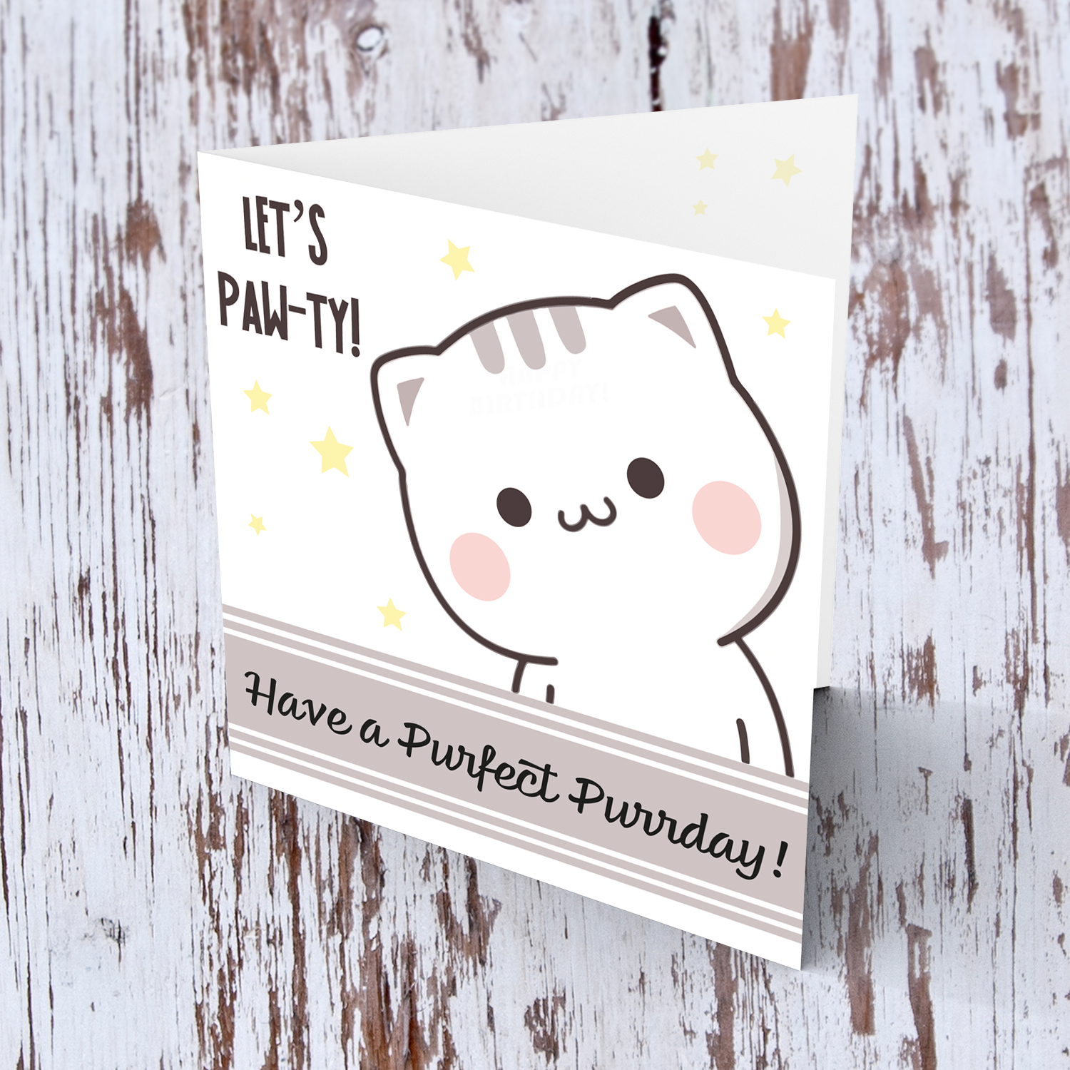 Cat themed birthday card in English with scattered yellow hearts