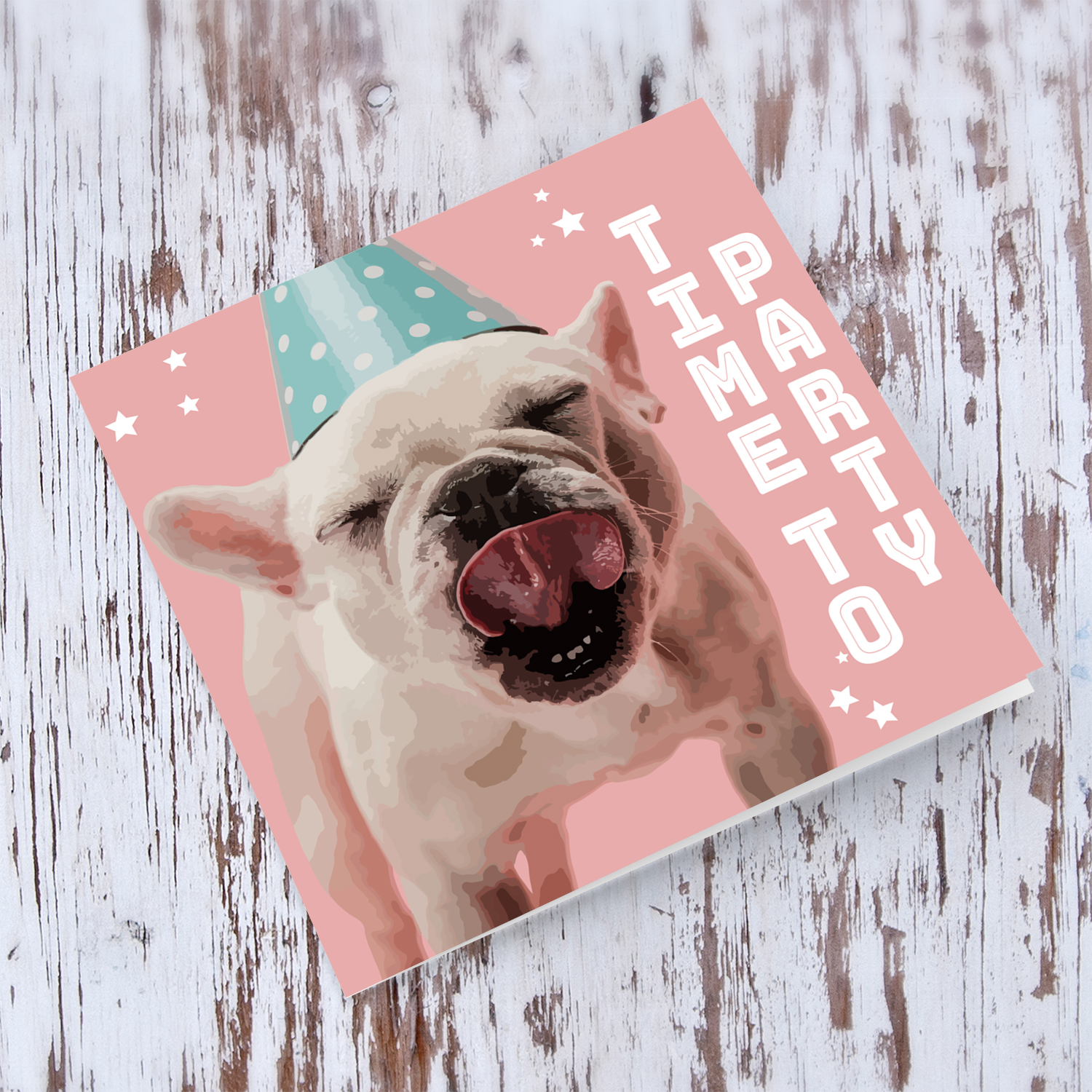Party dog themed birthday card with pink background in English