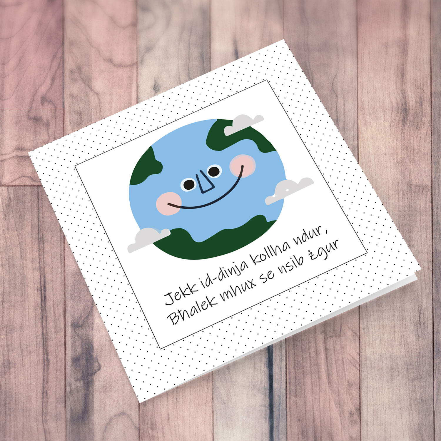 Cute smiling earth themed card in Maltese