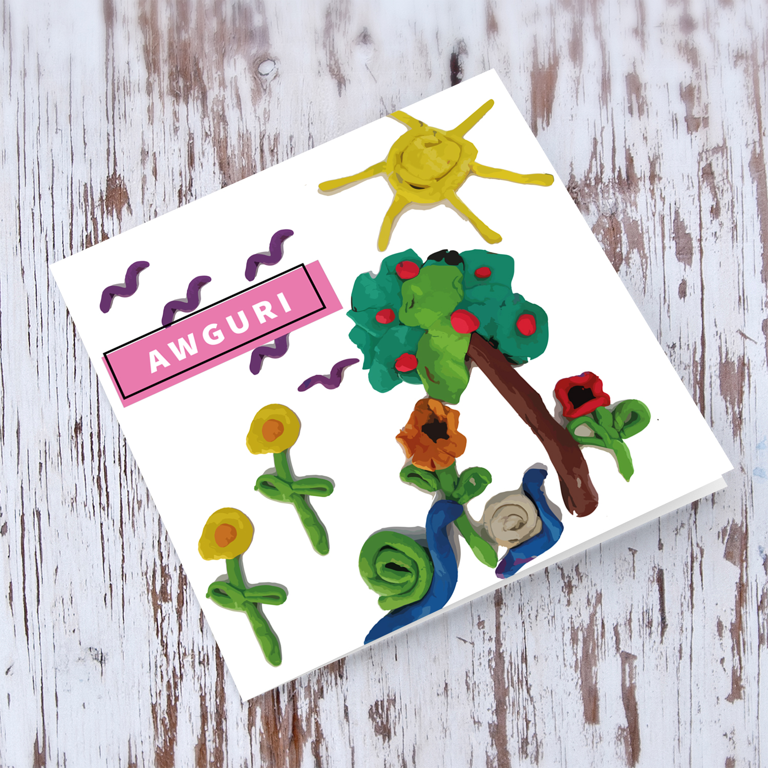Flowers, snails, apple tree, birds and sun birthday card in Maltese by Elle Mamo