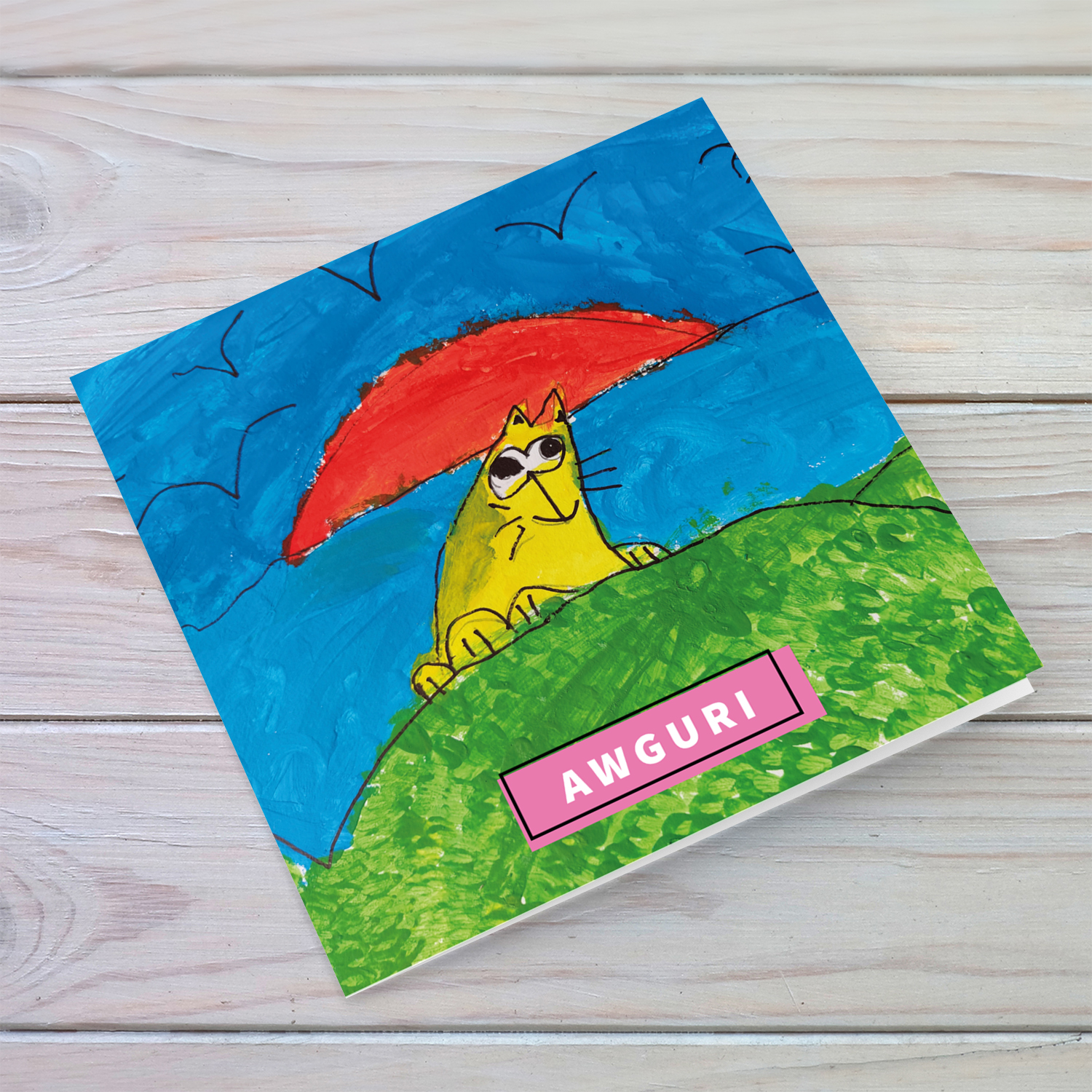 Cat with red umbrella birthday card in Maltese by Elle Mamo 