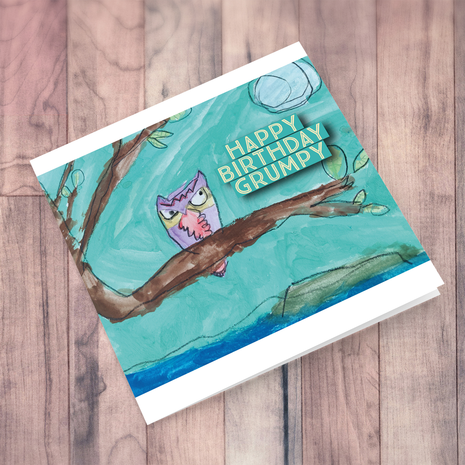 Grumpy little owl water colour birthday card in English by Elle Mamo