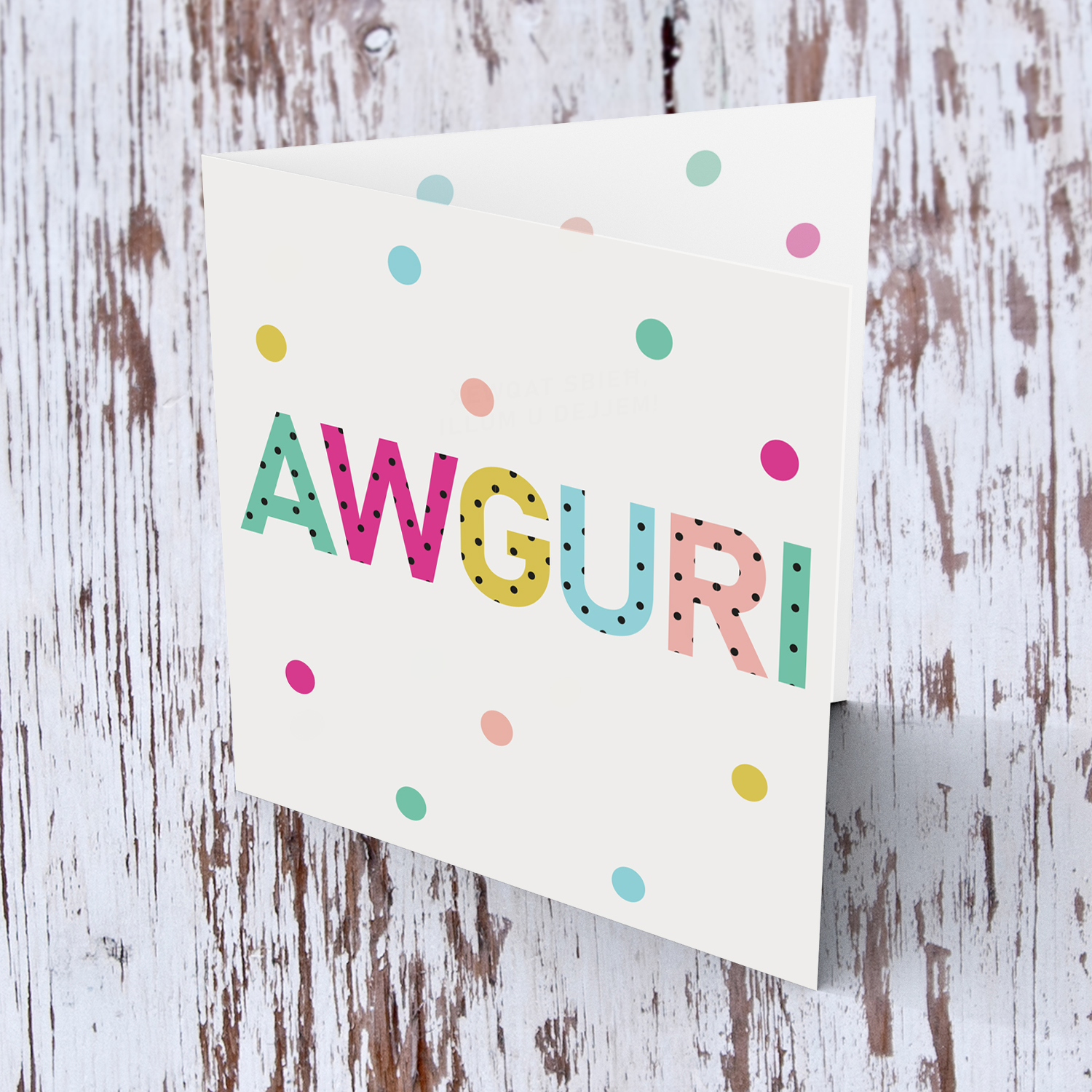 Colourful text with polka dots - Awguri card in Maltese