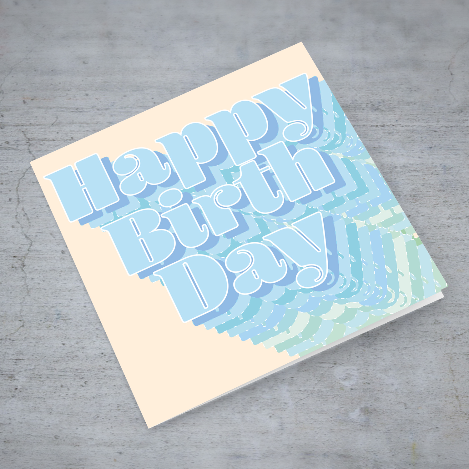 Happy Birthday card in light pastel tones (blue and green) in English (open)