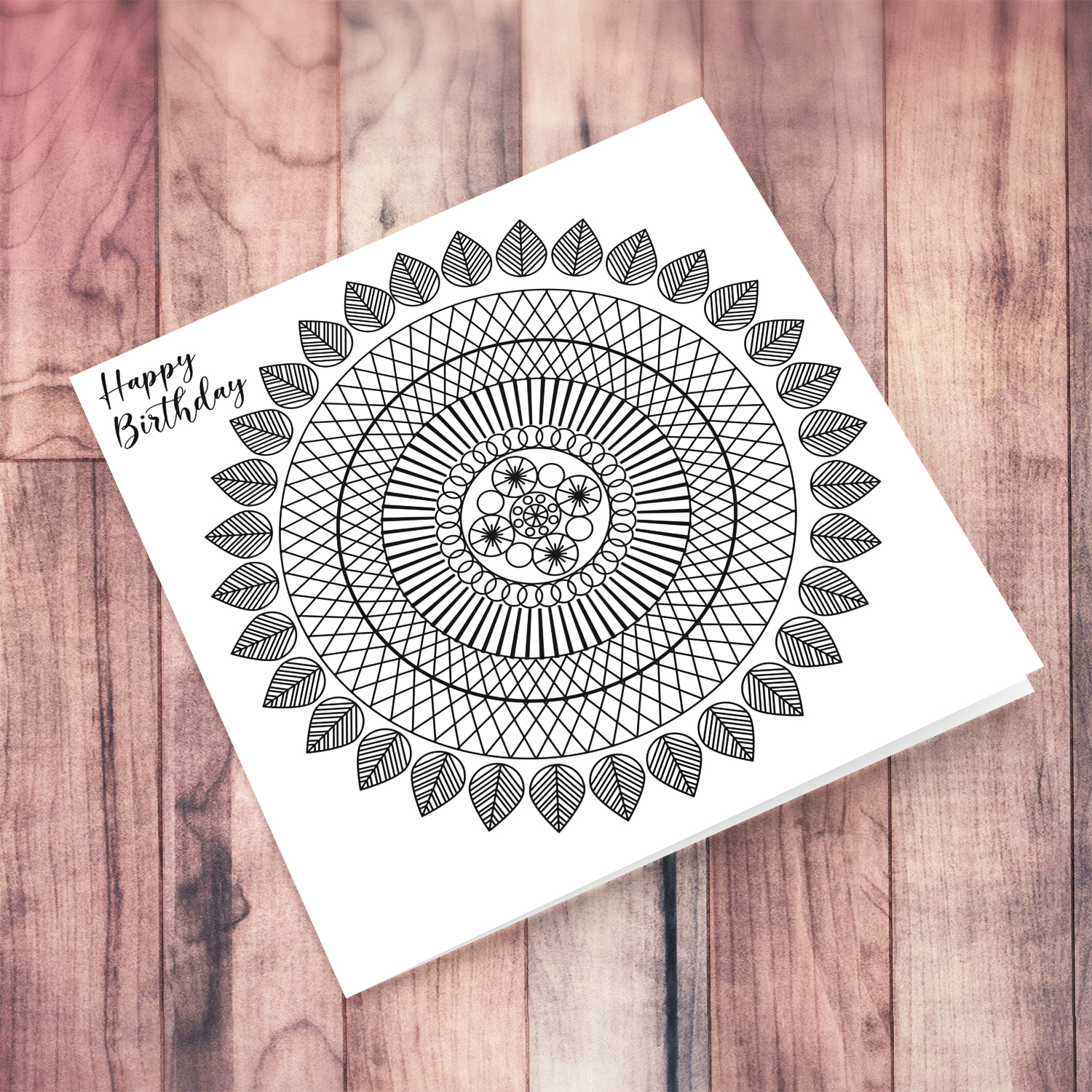 Colouring birthday card with lines, circles and leaves in English